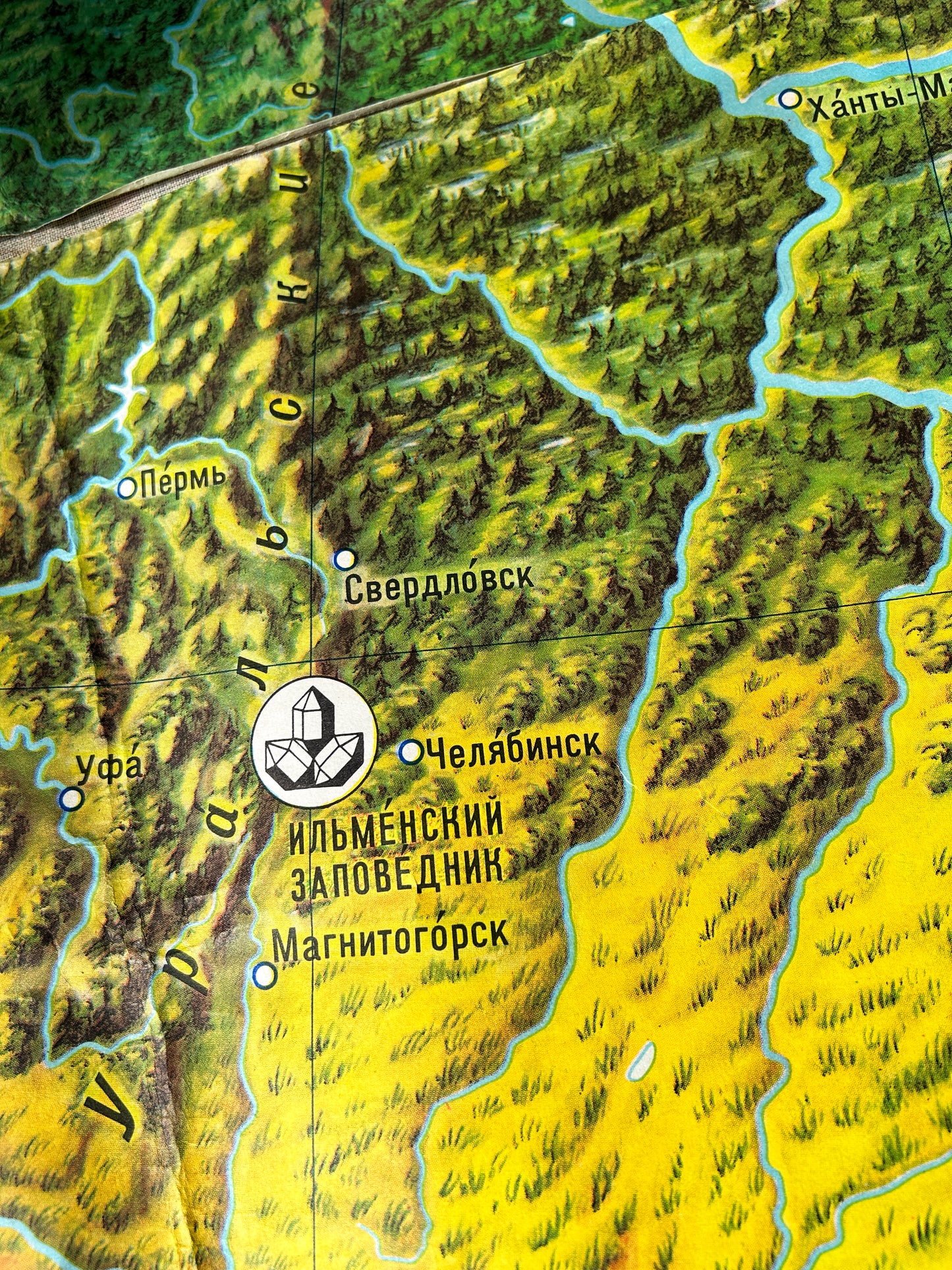 Closeup detail: Soviet vintage educational map Nature of USSR with illustrations of terrain: trees, grass and rivers