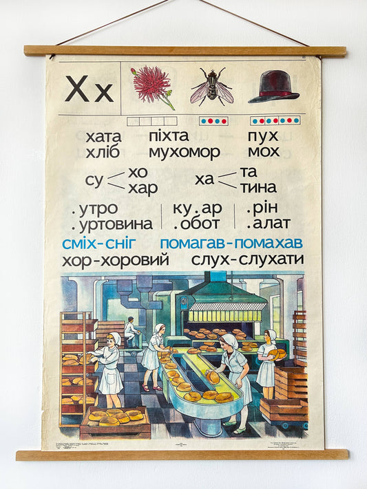 1983 Rare Original Ukrainian Vintage Double-Sided Nursery Alphabet Poster: Bakery Scene, a Soviet-era educational school chart for learning the Ukrainian language.