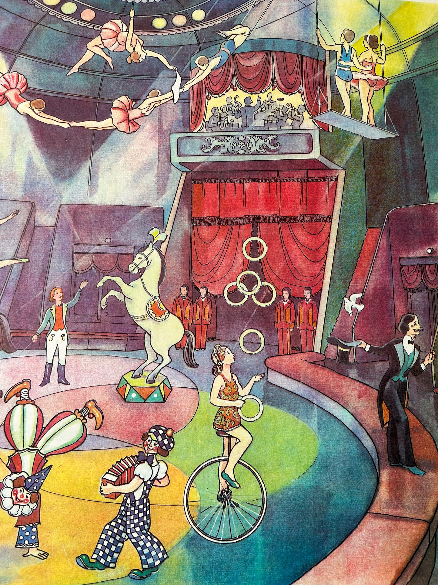 Detail of a 1983 Rare Original Ukrainian Vintage Double-Sided Nursery Alphabet Poster: Circus & Bakery scenes – a Soviet-Era Educational School Chart on learning Ukrainian