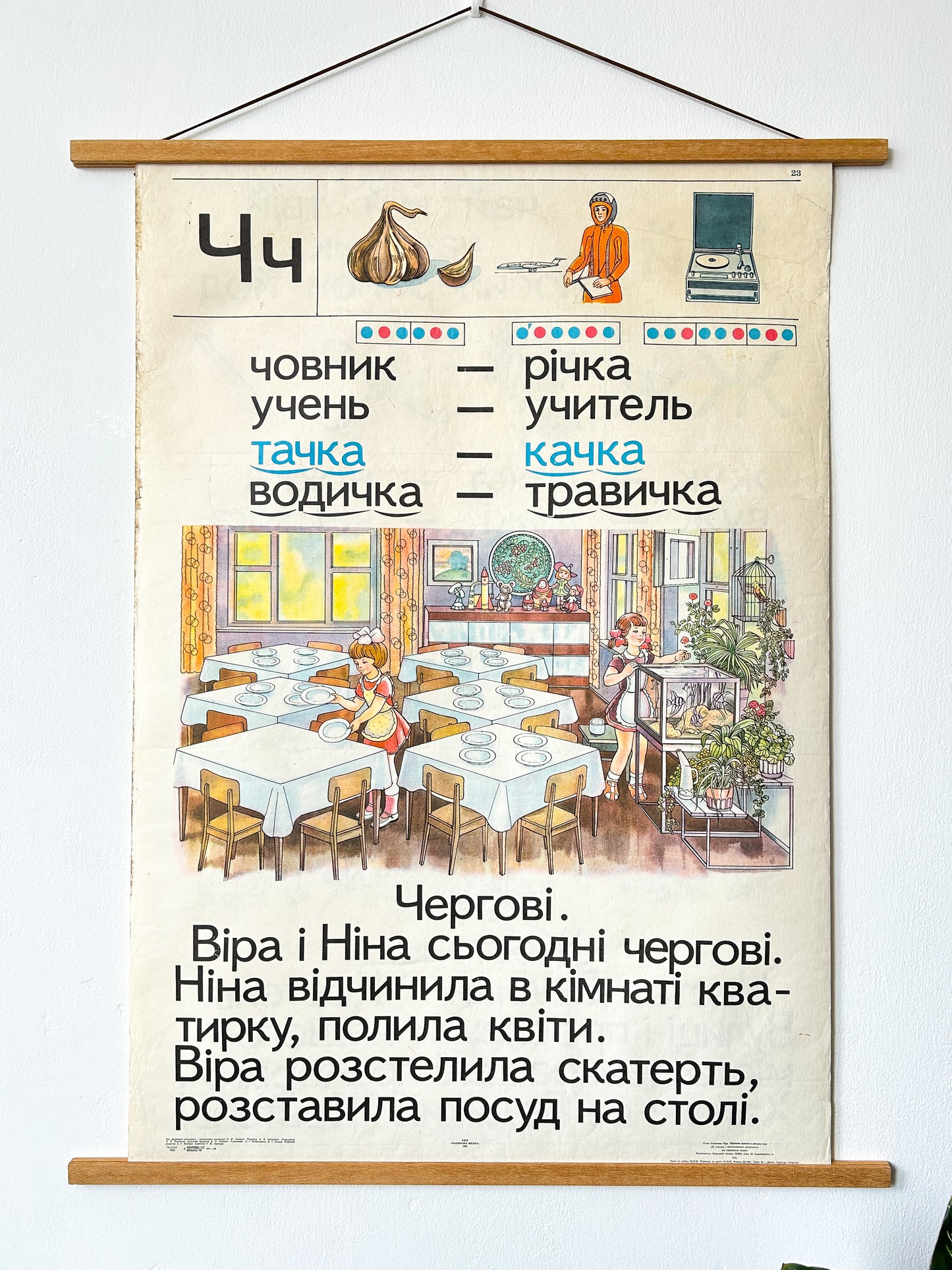 1983 Rare Original Ukrainian Vintage Double Sided Nursery Alphabet Poster: School Kids on Duty, Astronaut, October Revolution Propaganda | Soviet-Era Educational School Chart