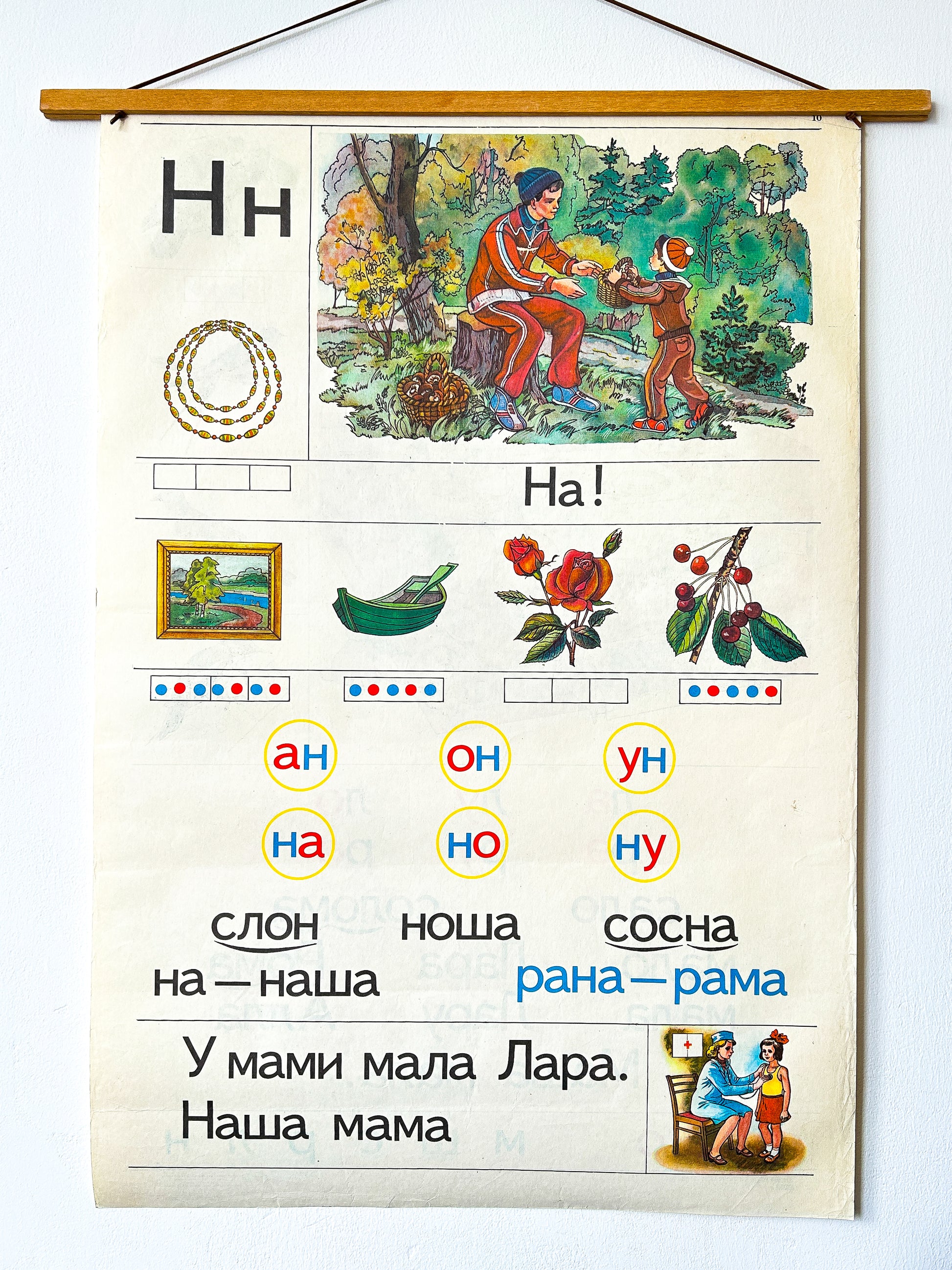 Ukrainian Vintage educational poster with Ukrainian alphabet and illustrations of a father and son in the forest mushroom picking