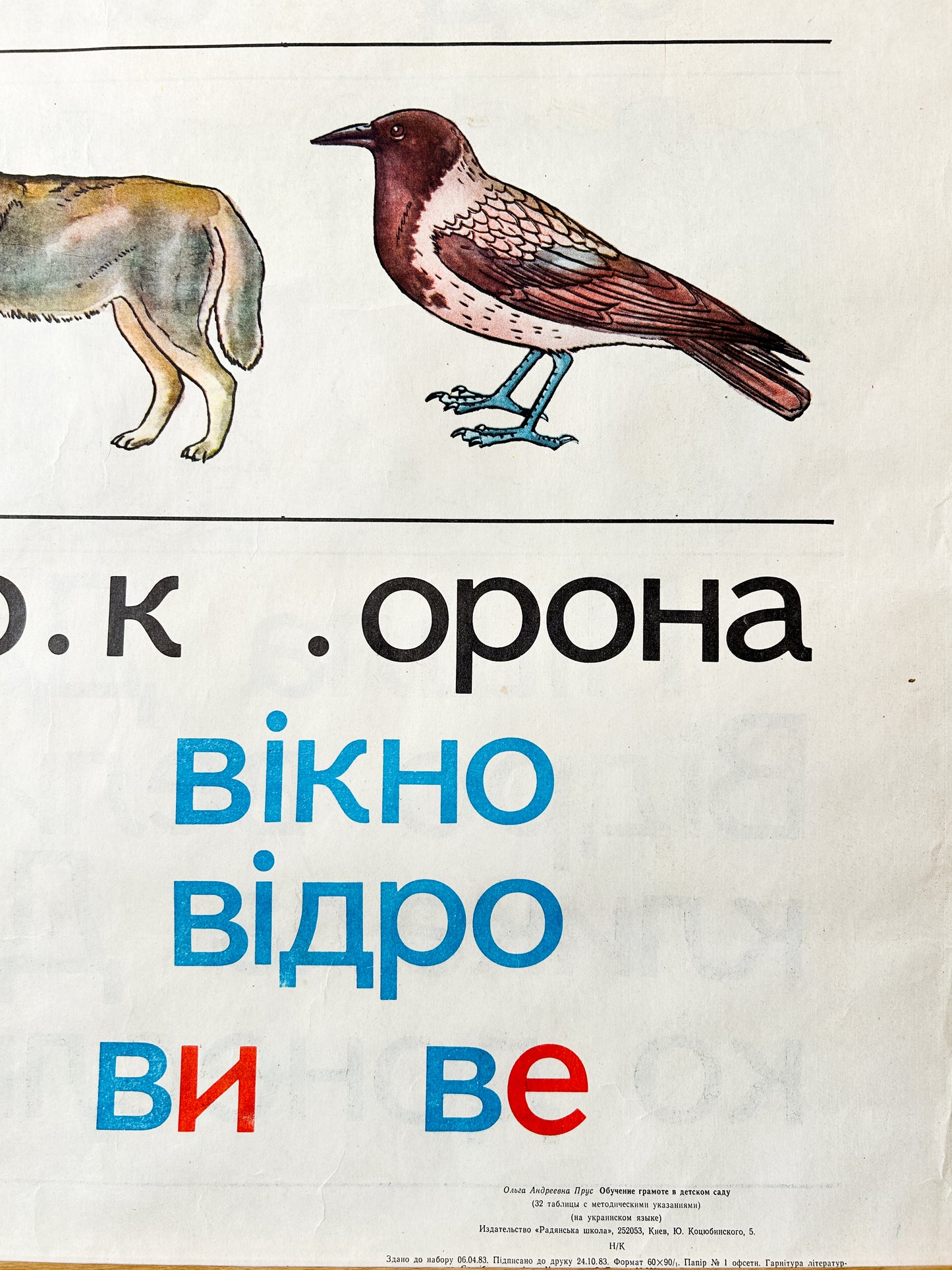 1983 Rare Original Ukrainian Vintage Double Sided Nursery Alphabet Poster: Cornflower Meadow, Animals, Children, Gardening | Soviet Era Educational School Chart