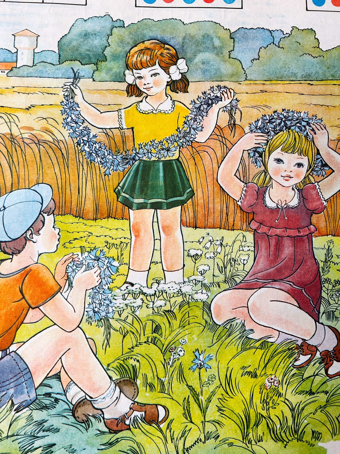 1983 Rare Original Ukrainian Vintage Double Sided Nursery Alphabet Poster: Cornflower Meadow, Animals, Children, Gardening | Soviet Era Educational School Chart
