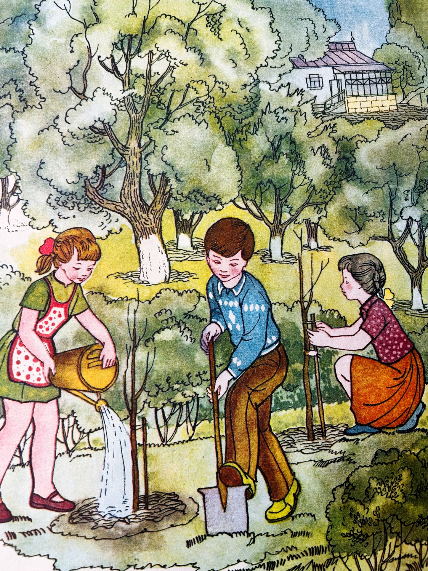 1983 Rare Original Ukrainian Vintage Double Sided Nursery Alphabet Poster: Cornflower Meadow, Animals, Children, Gardening | Soviet Era Educational School Chart
