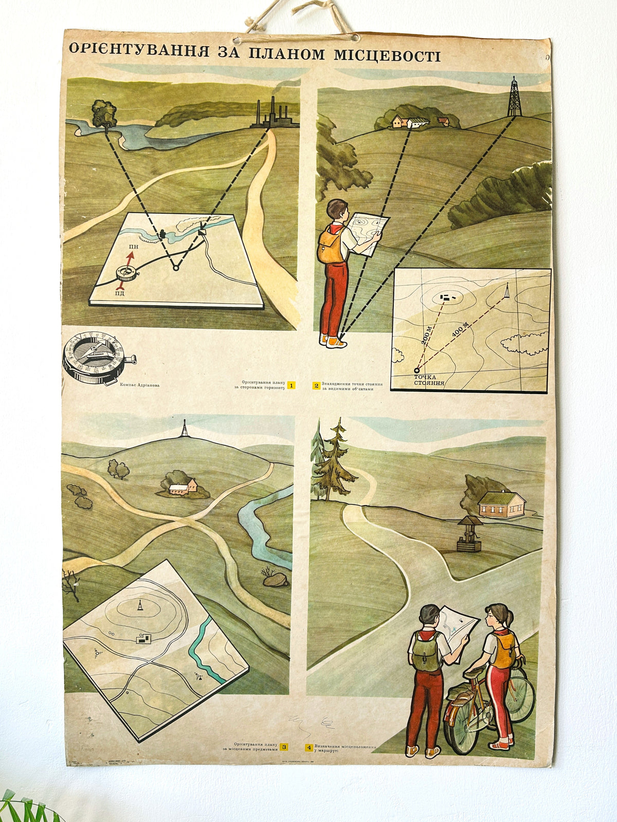 Detail of a 1987 Soviet Ukrainian school chart showing map reading and terrain orienteering for children used in geography classrooms in Ukraine. 