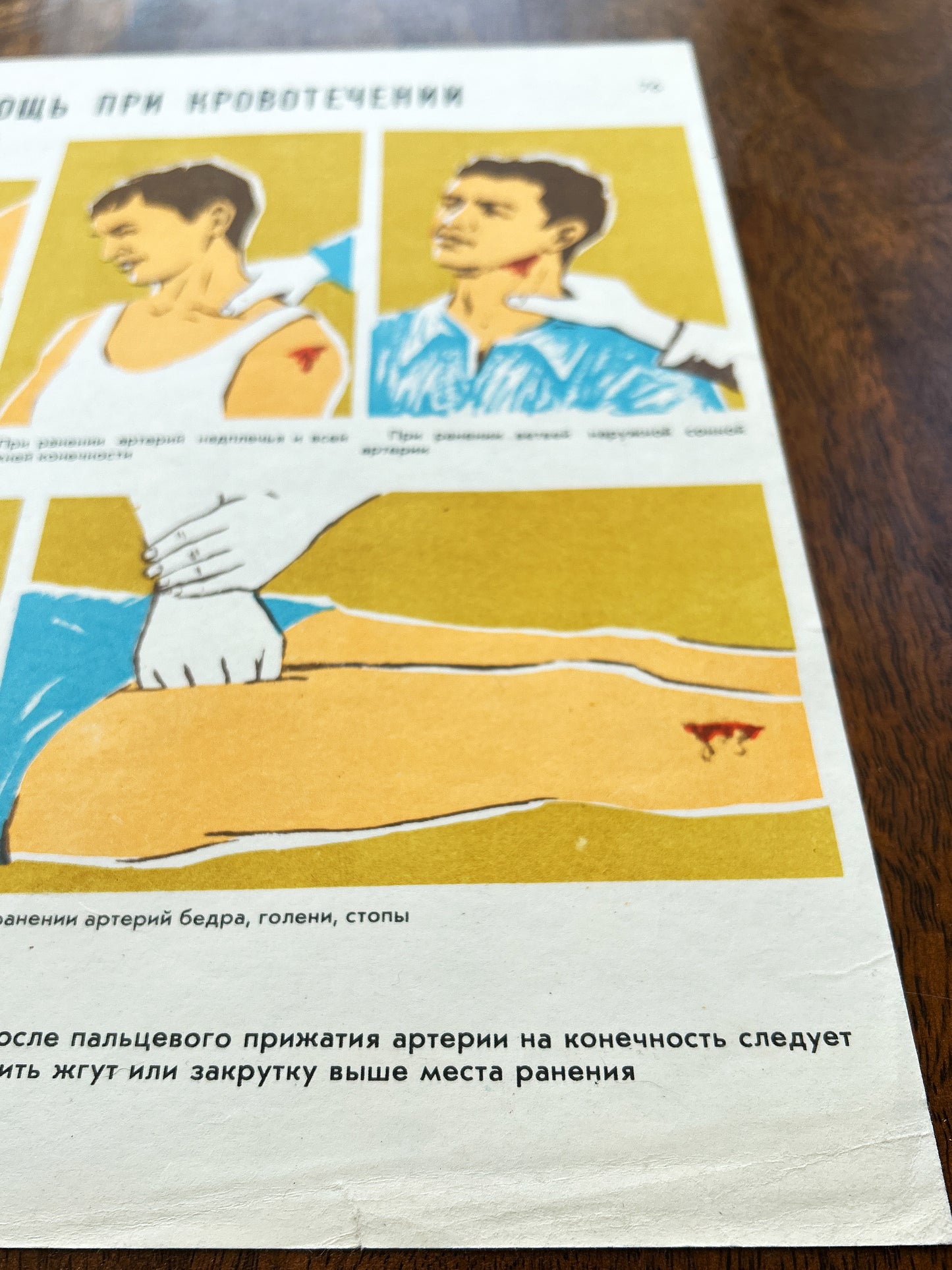 A vintage Russian medical instruction poster about arterial bleeding, featuring illustrated diagrams of first aid procedures, photographed on a dark wooden surface.