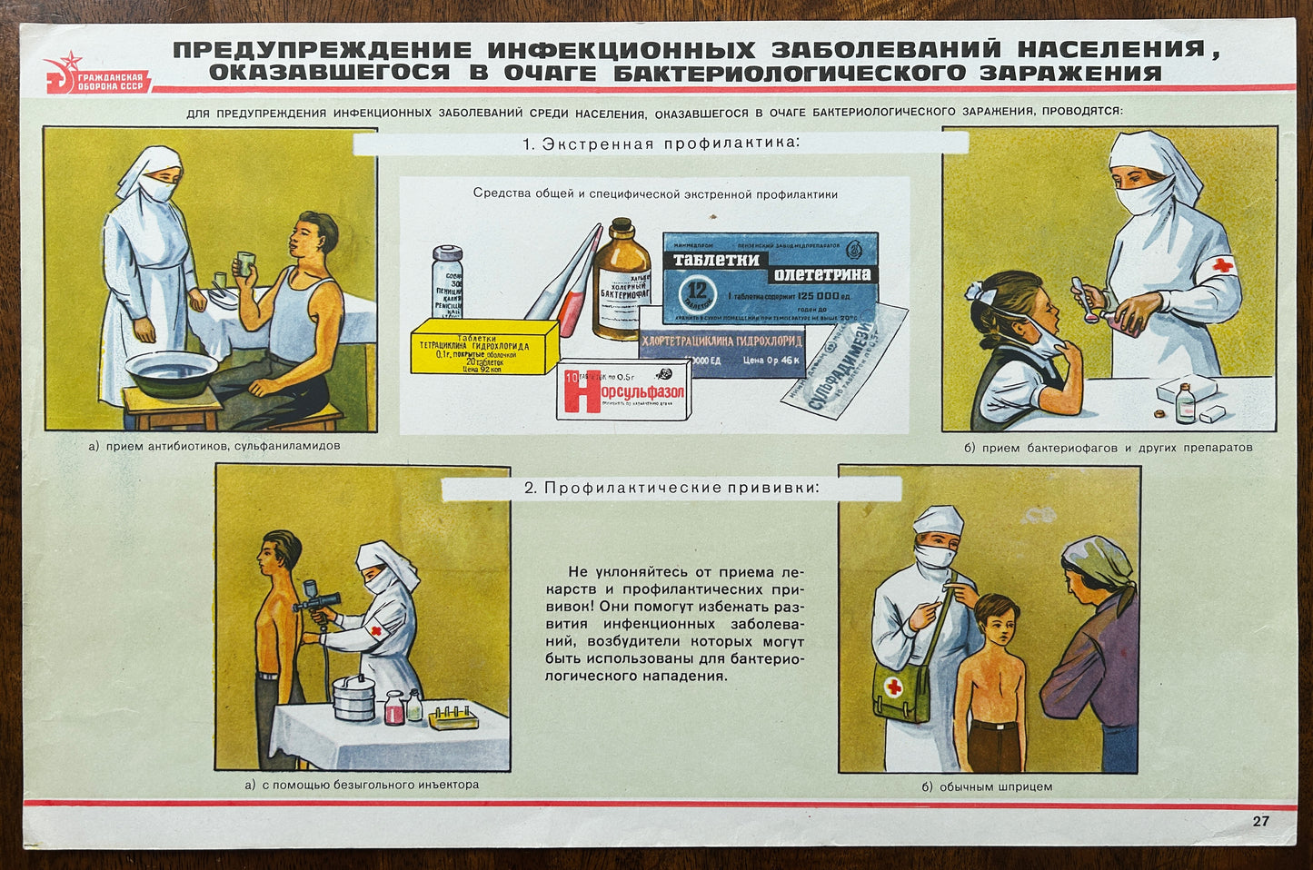 A mid-century USSR vintage public health poster, showing illustrated medical scenes and text about infectious disease prevention: Prevention Of Infectious Diseases In A Zone Of Bacteriological Contamination. 