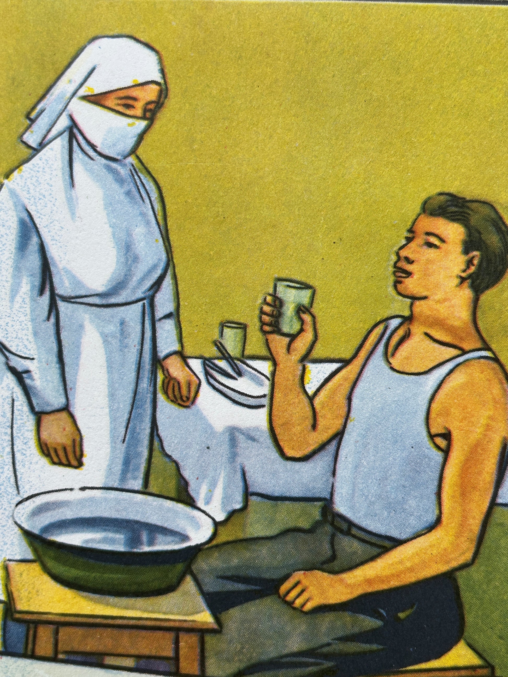 Detail of a USSR vintage medical poster: an illustrated scene showing a nurse in a white uniform and face covering standing beside a seated man holding a glass, with a bowl and table in a simple indoor setting.