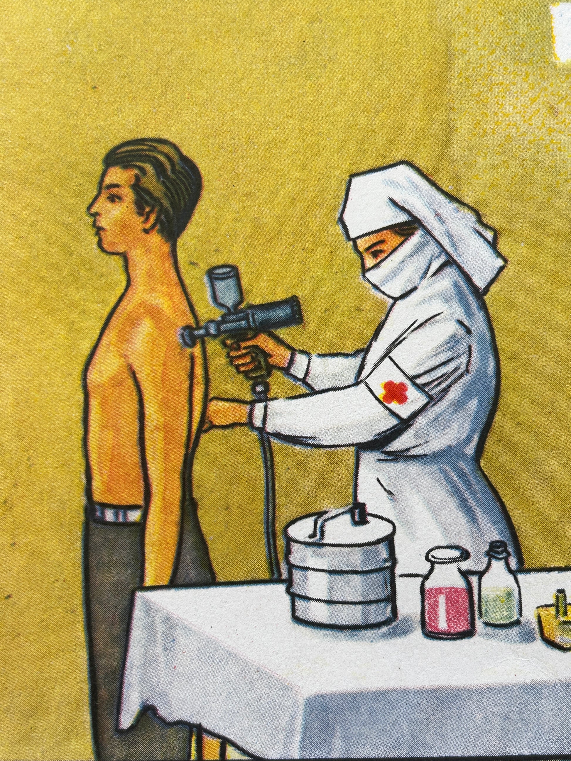 Detail of a mid-century Soviet medical poster: an illustration showing a shirtless man standing while a nurse in white with a red cross applies a spray or injection device to his upper back. A table with bottles and a metal container is in the foreground against a yellow background.