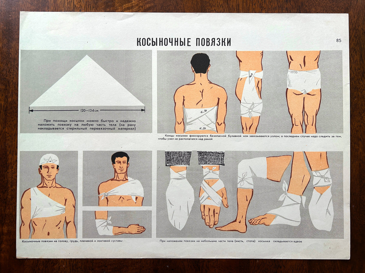 A mid-century USSR vintage instructional medical poster in Russian that teaches how to use a triangular bandage (a cravat bandage) to dress injuries on different parts of the body.