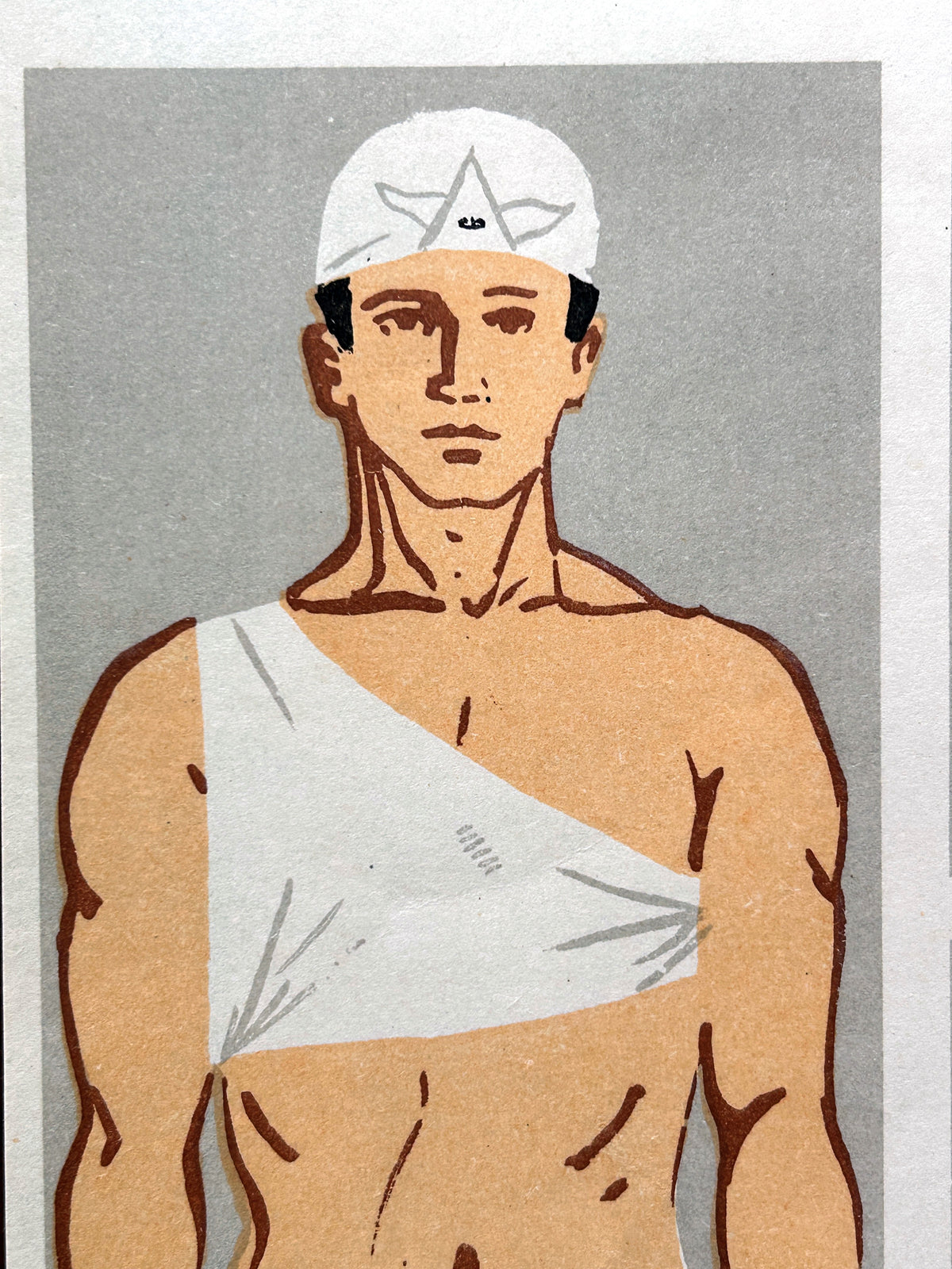 Close-up of a mid-century USSR medical poster showing how to dress wounds on the head and chest of a man. 