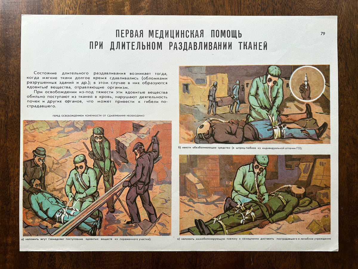 Original Soviet vintage first aid chart titled "First Aid for Prolonged Tissue Compression" from the 1970s. Poster is illustrating medical care techniques by gas-masked professionals during emergency evacuations and structural collapses.