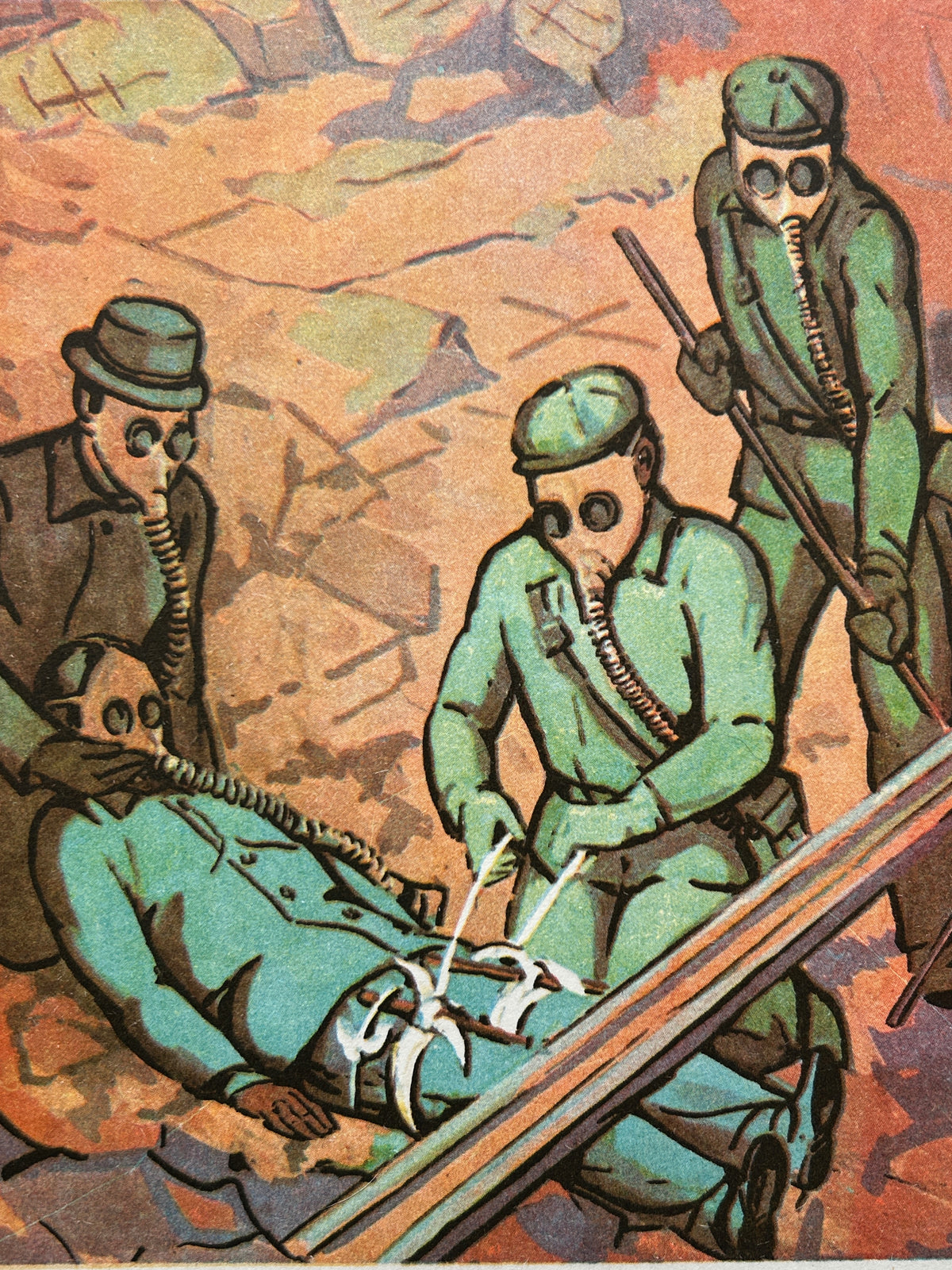 Detail of a Soviet vintage first aid chart titled "First Aid for Prolonged Tissue Compression" from the 1970s. The poster is illustrating medical care techniques by gas-masked professionals during emergency evacuations and structural collapses.