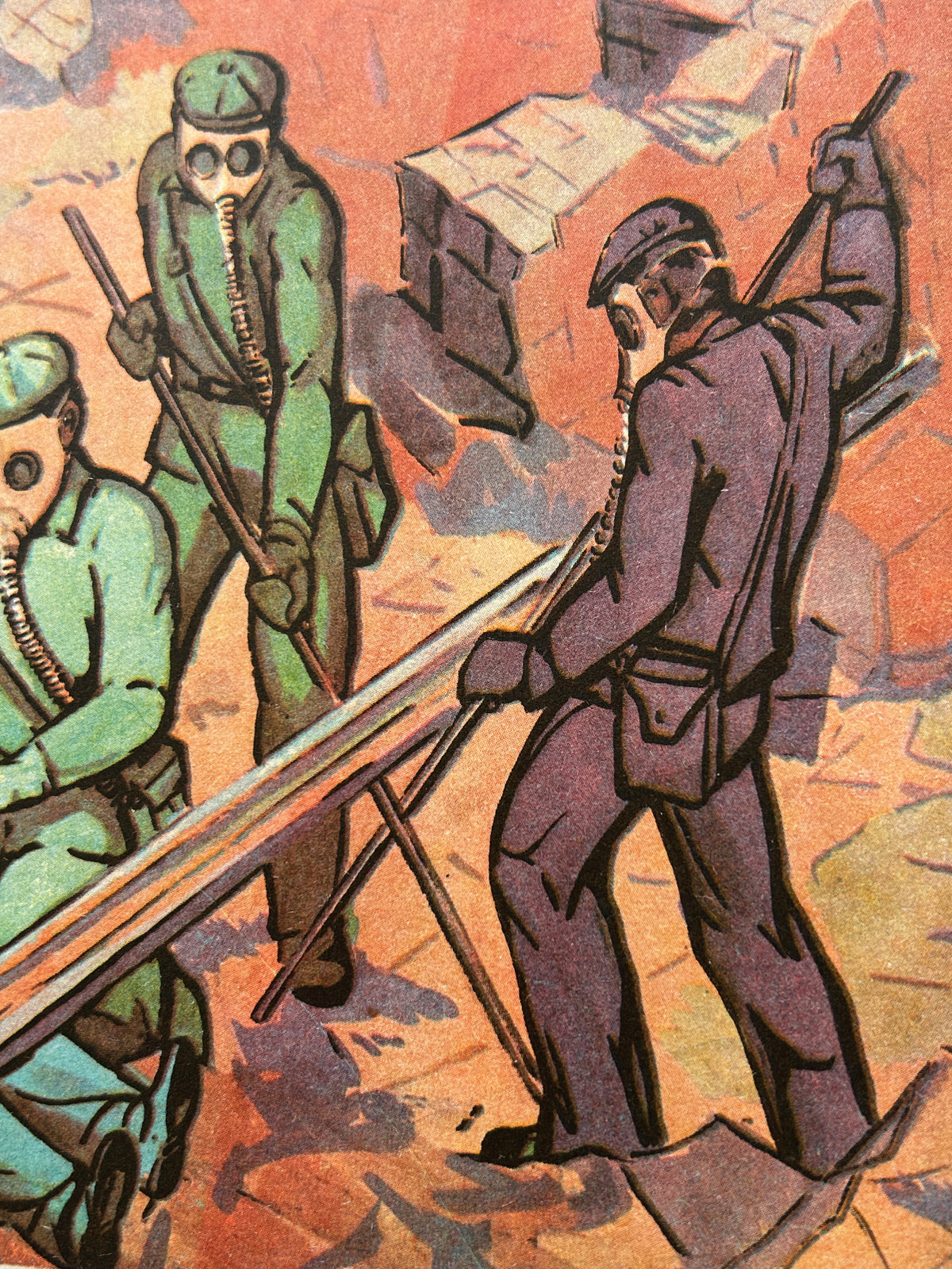 Detail of a USSR civil defence poster illustrating gas-masked people removing rubble after structural collapses.