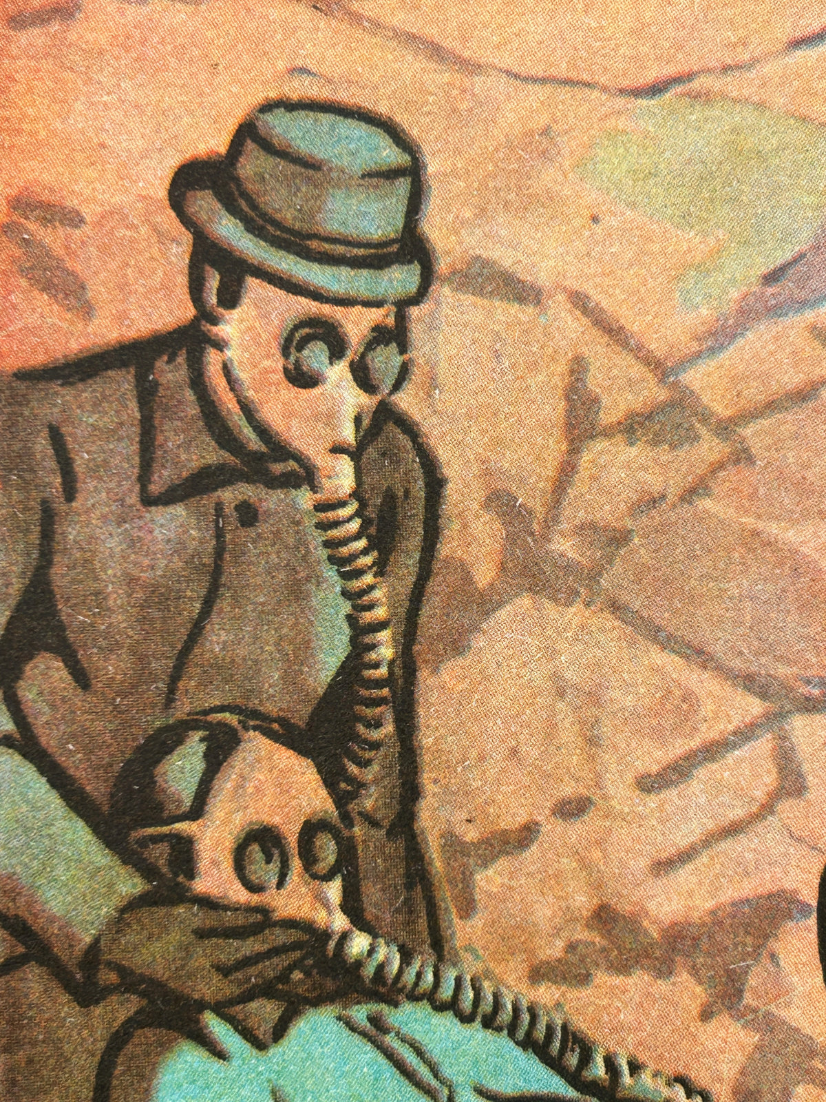 Detail of a Soviet vintage poster illustrating two figures wearing round gas masks.