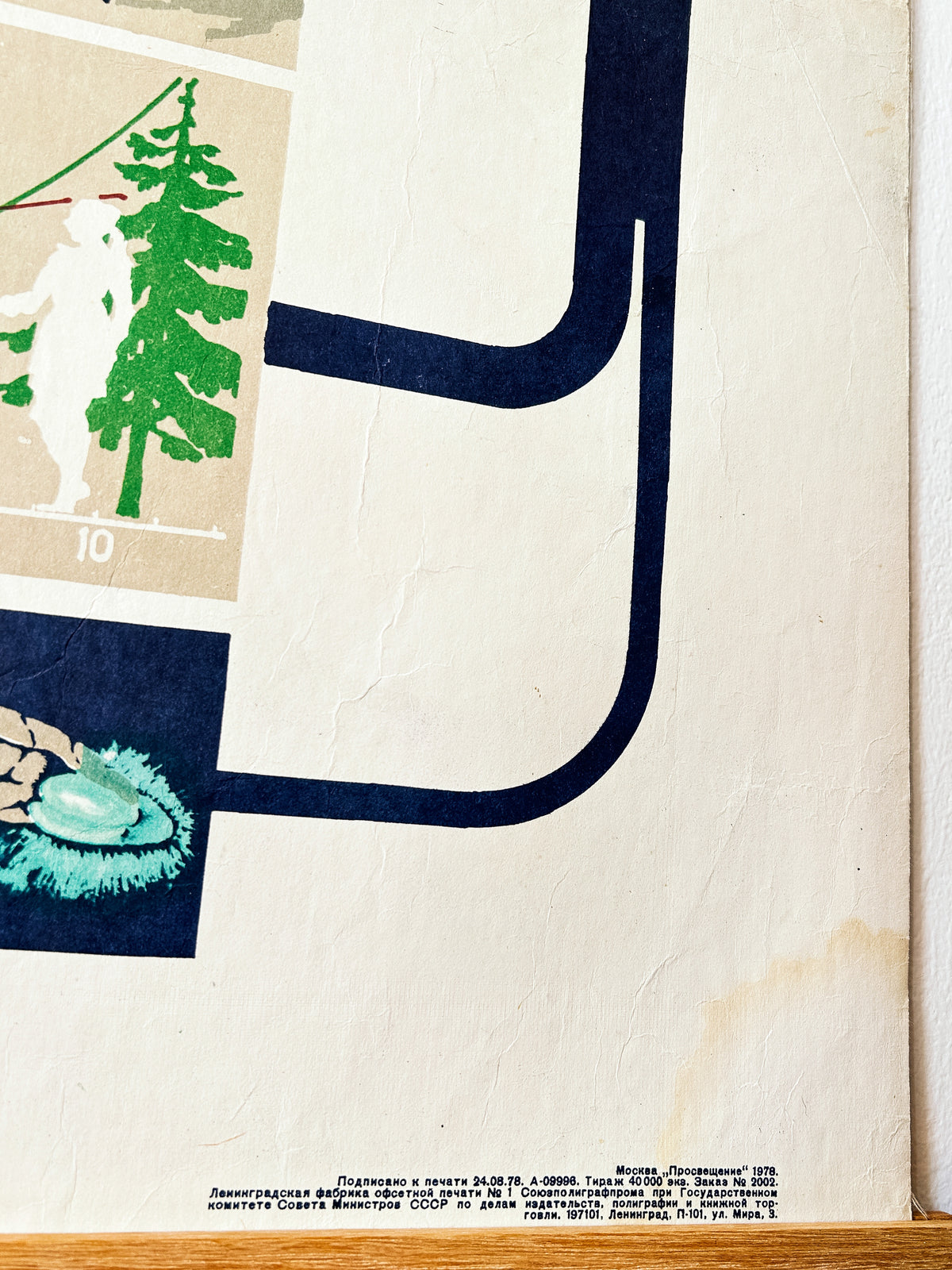 A close-up of a vintage Soviet poster print featuring a stylised illustration of a pine tree, a fish, and bold dark blue graphic lines on an aged off-white paper background.