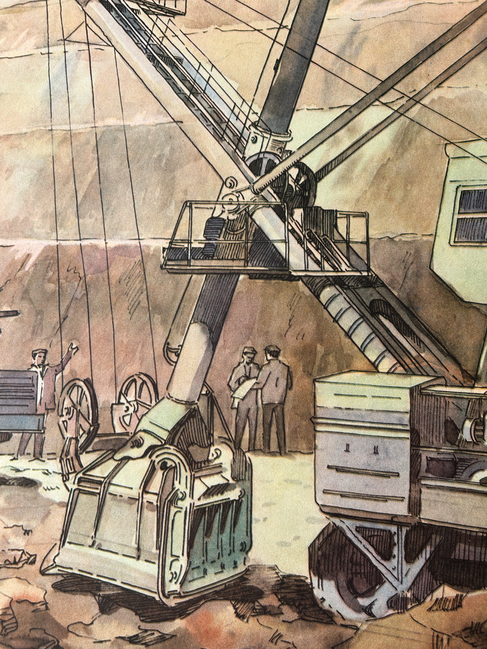Vintage Illustration of a mining equipment with workers around it in a granite quarry