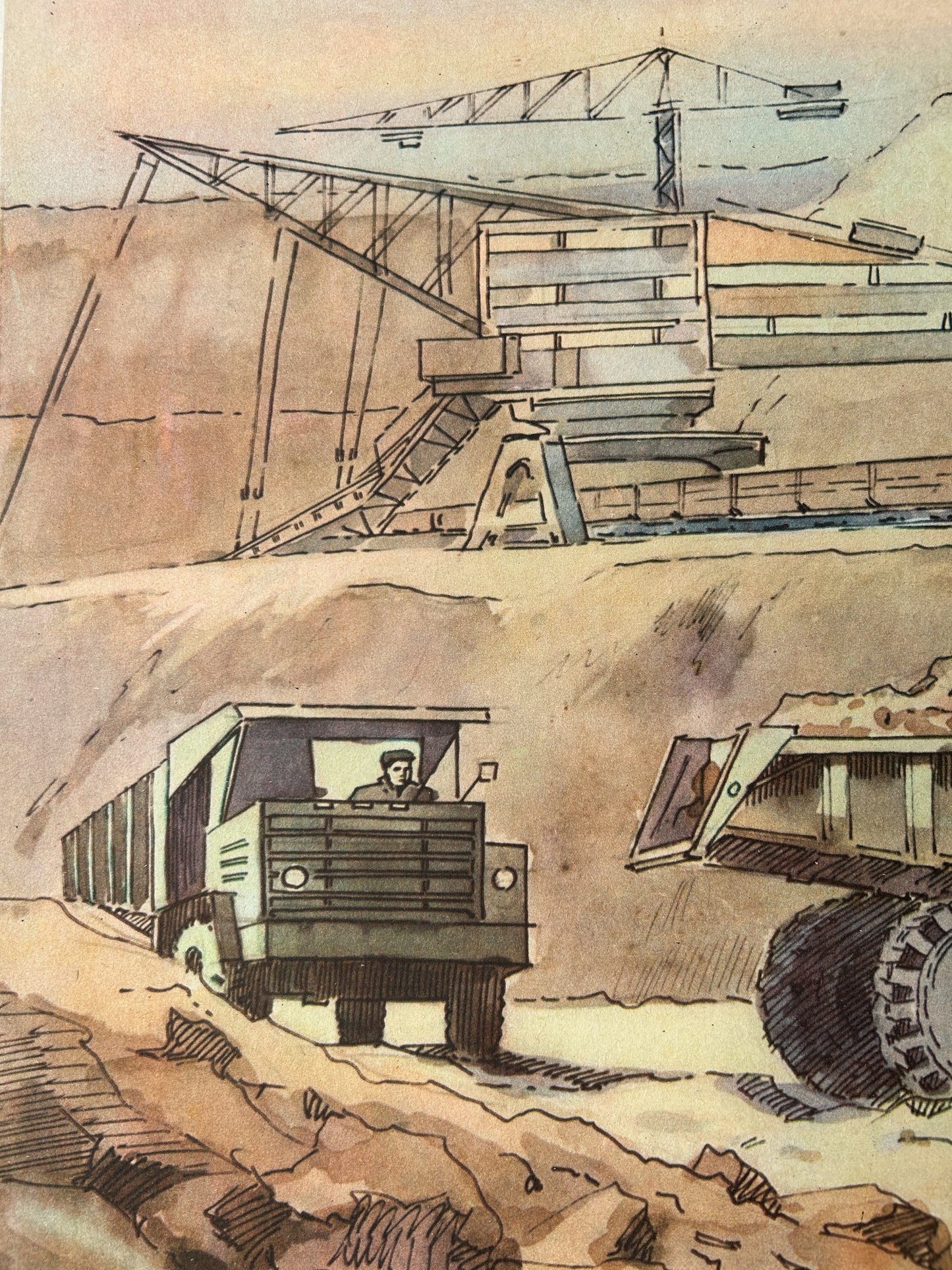 Illustration of mining equipment and a truck in a mine setting