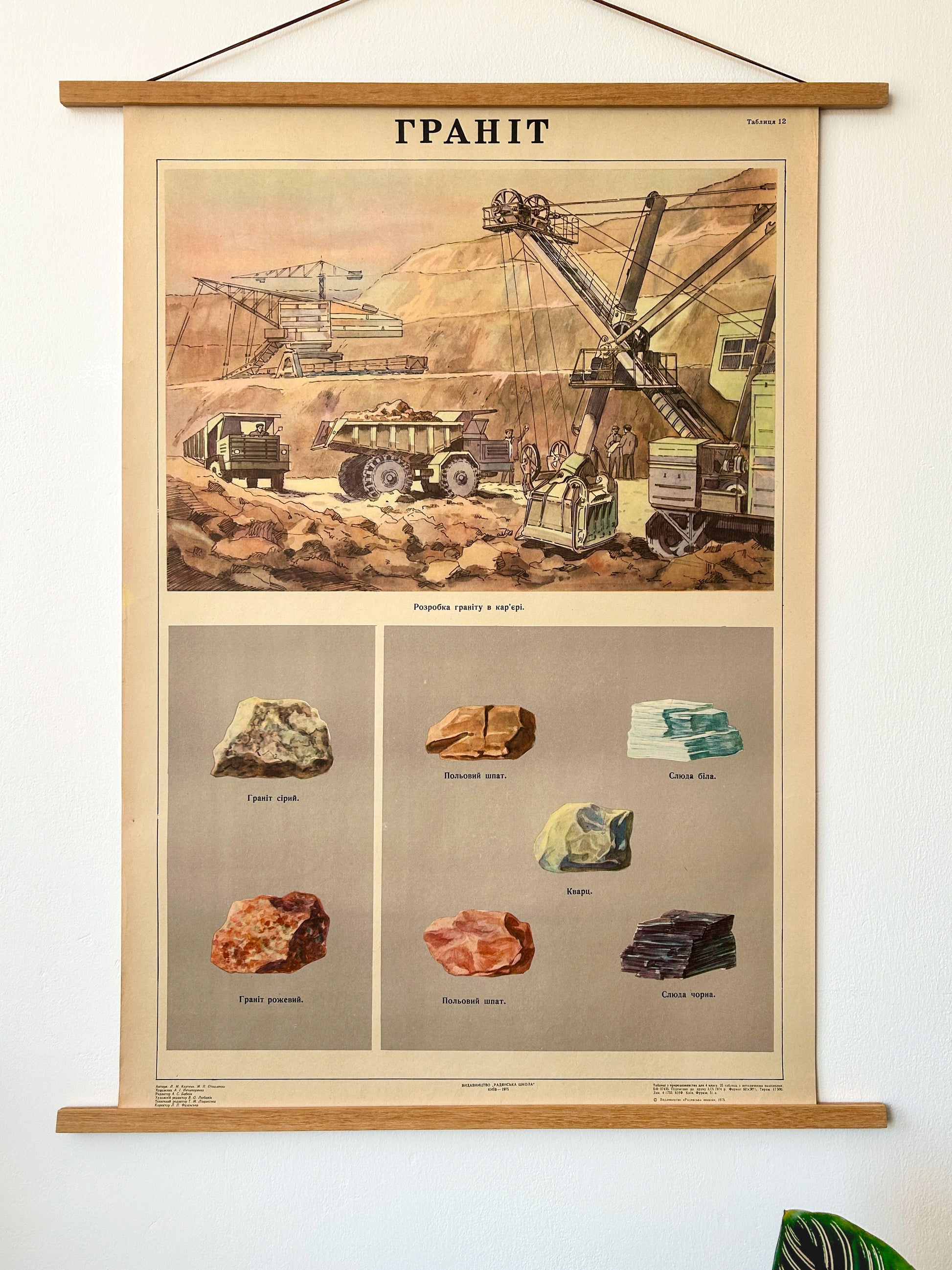 Original Soviet Ukrainian educational school poster "Granite" designed to teach students about the mining process and the mineral composition of granite rock. Features illustrations of different minerals and a mining process.