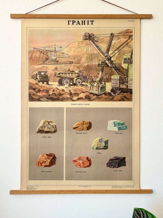 Original Soviet Ukrainian educational school poster "Granite" designed to teach students about the mining process and the mineral composition of granite rock. Features illustrations of different minerals and a mining process.