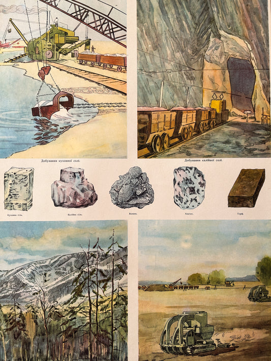 1975 "Non-Metallic Minerals" Original Soviet Ukrainian Natural History School Poster | USSR Vintage Geology Educational Chart