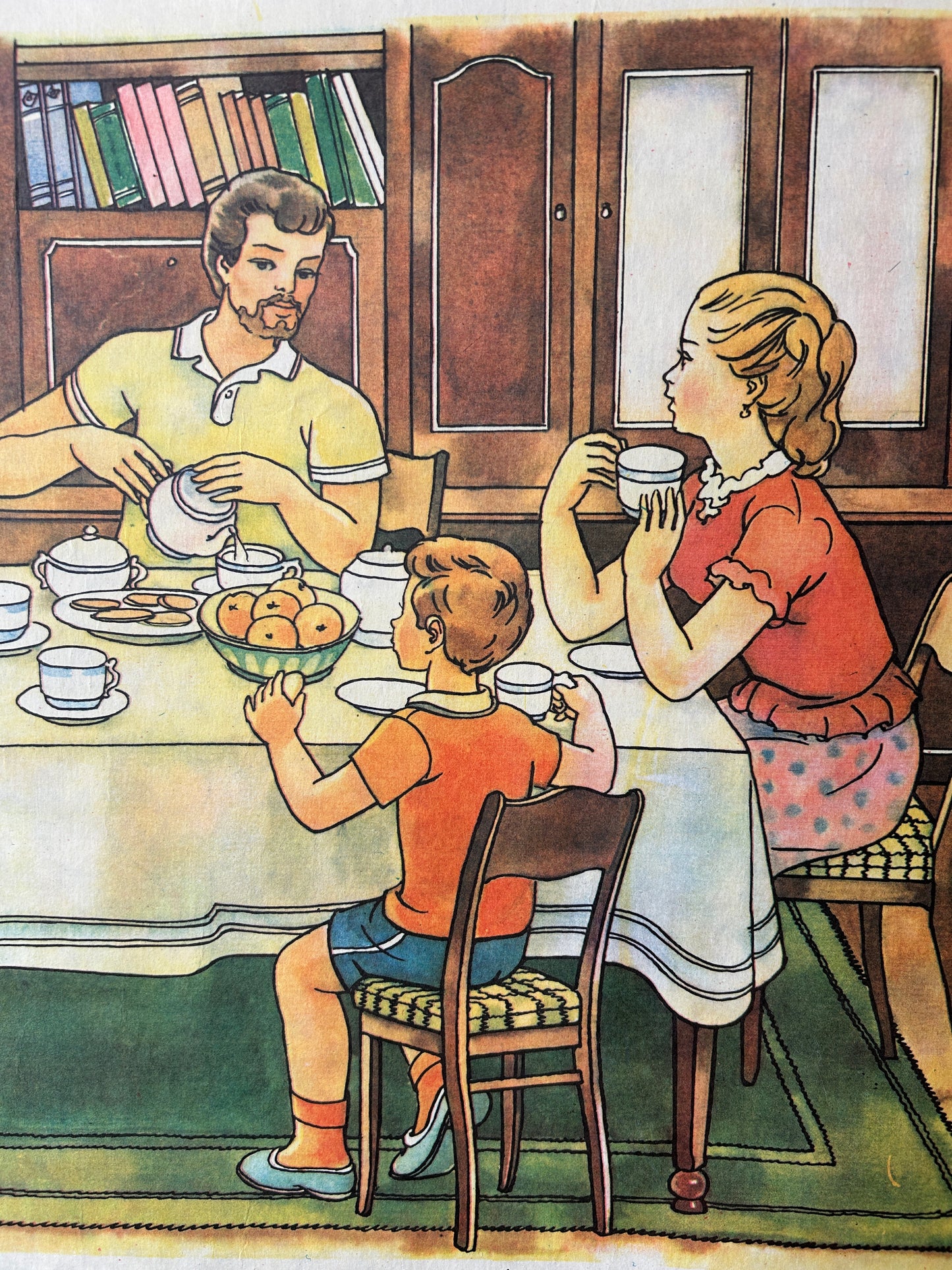 1983 Rare Original Ukrainian Vintage Double Sided Nursery Alphabet Poster: Nature, Kids, Bumblebees & Family Tea | Soviet-Era Educational School Chart