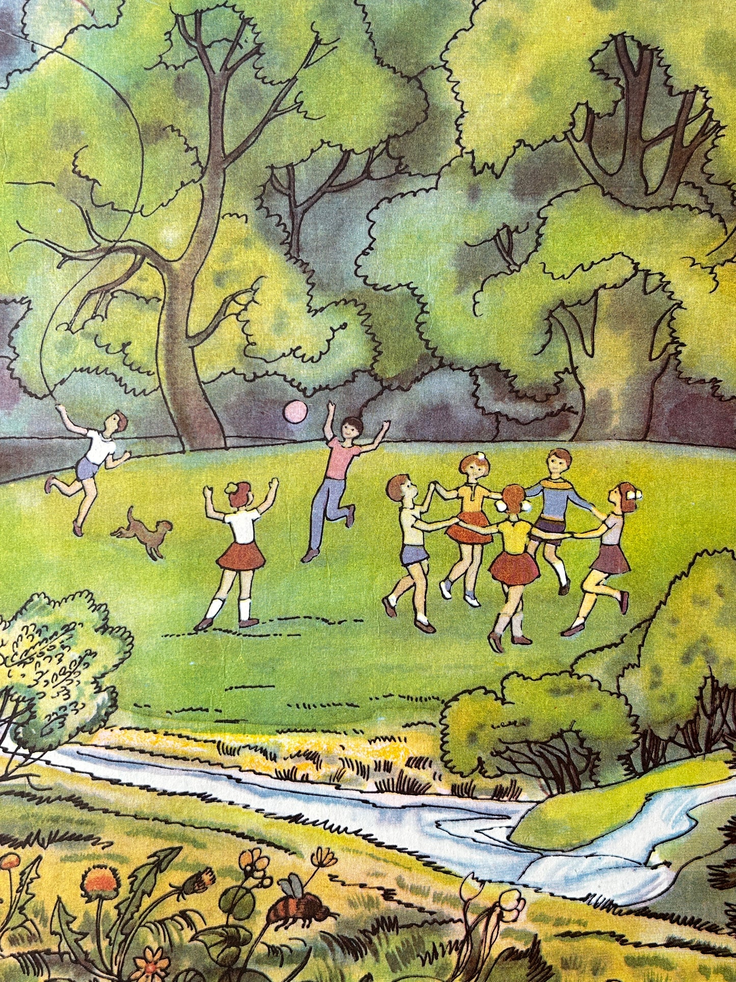 1983 Rare Original Ukrainian Vintage Double Sided Nursery Alphabet Poster: Nature, Kids, Bumblebees & Family Tea | Soviet-Era Educational School Chart