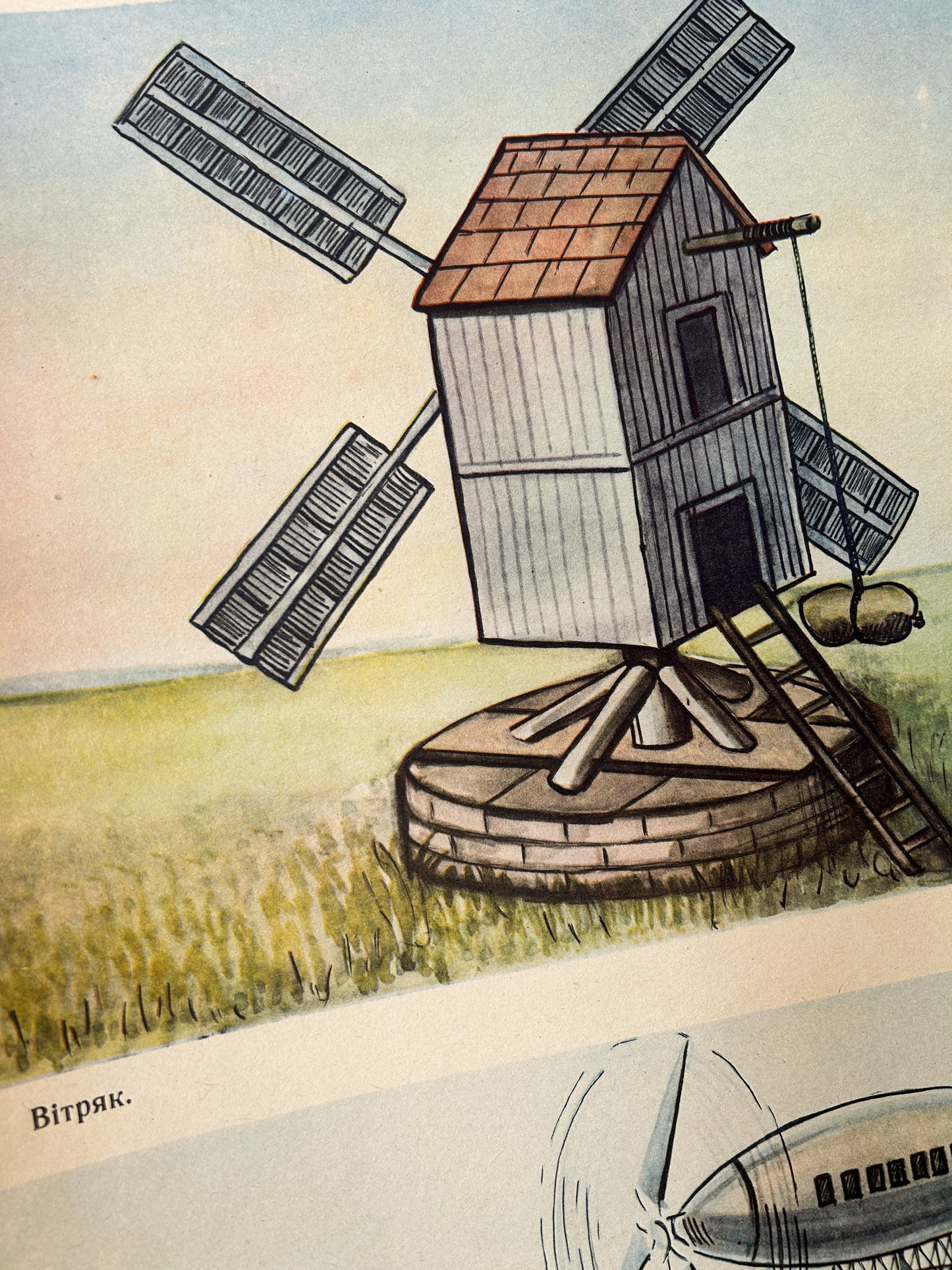 1975 "Use of Wind Power" Original Soviet Ukrainian Natural History School Poster | USSR Vintage Educational Chart: Windmill, Sailing Ship, Wind Power Station