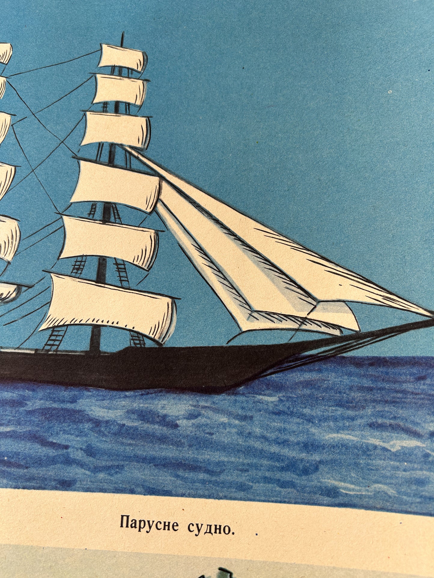 1975 "Use of Wind Power" Original Soviet Ukrainian Natural History School Poster | USSR Vintage Educational Chart: Windmill, Sailing Ship, Wind Power Station