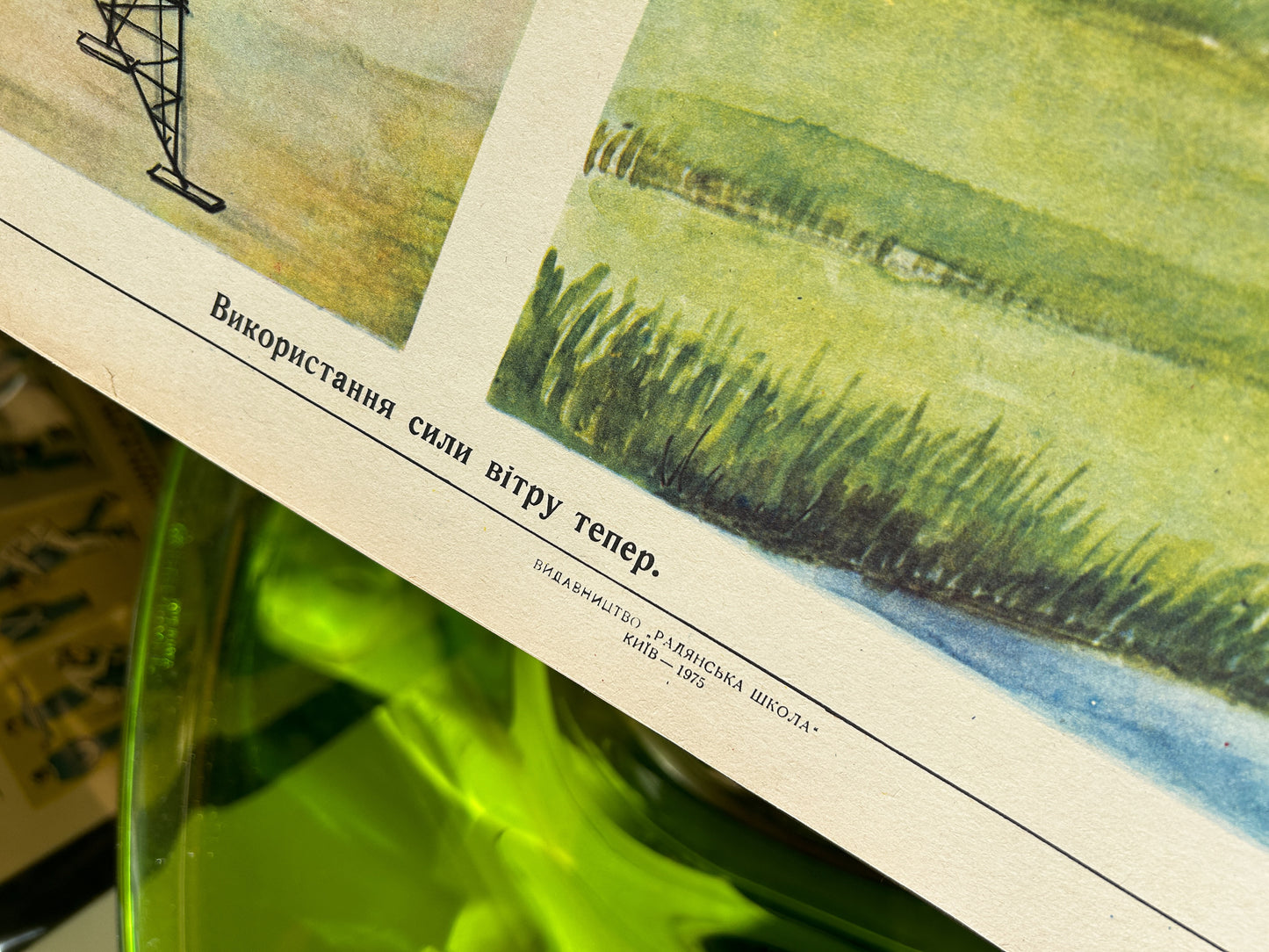 1975 "Use of Wind Power" Original Soviet Ukrainian Natural History School Poster | USSR Vintage Educational Chart: Windmill, Sailing Ship, Wind Power Station