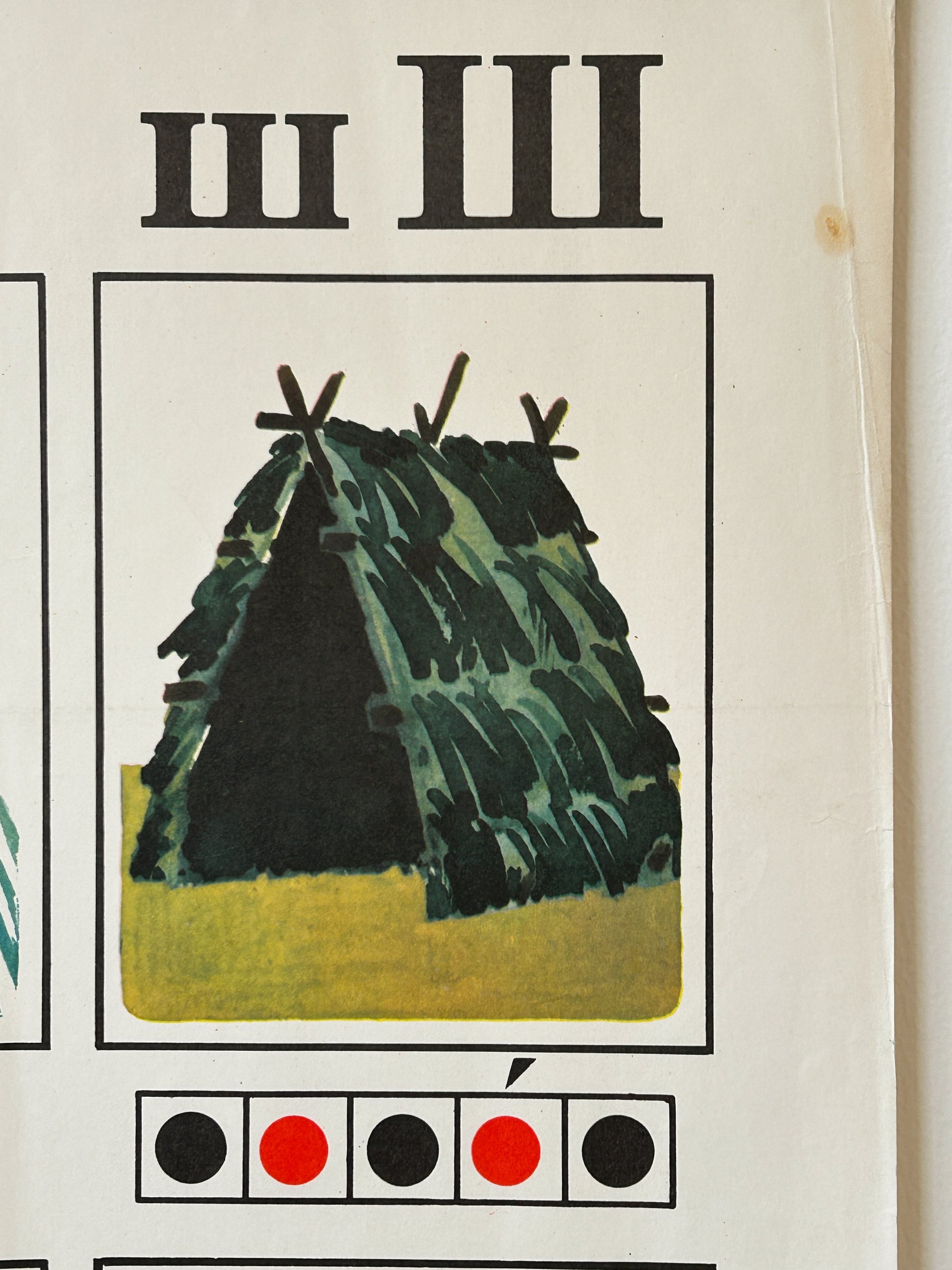 Detail of a USSR phonetic russian alphabet poster depicting a watercolour illustration of a hut with a letter 'Ш' above it and a phonetic diagram below. 