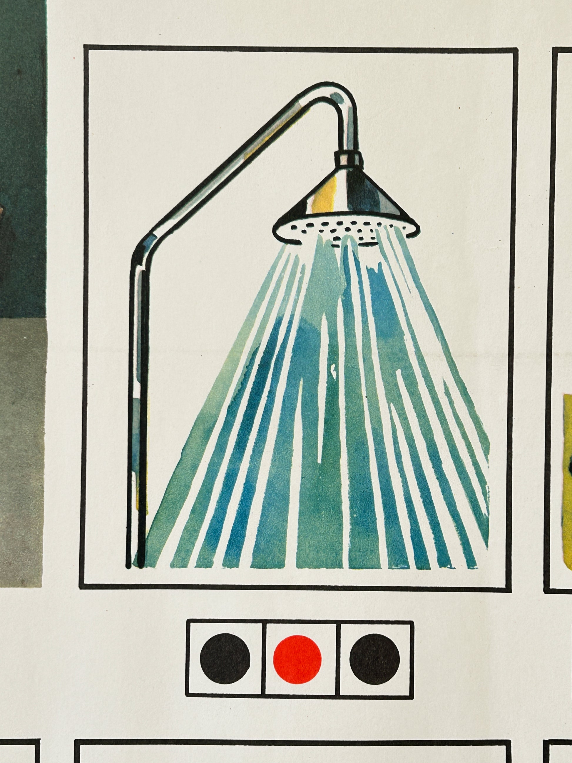 USSR vintage educational nursery poster detail – an illustration of a showerhead spraying water, with a phonetic diagram at the bottom.