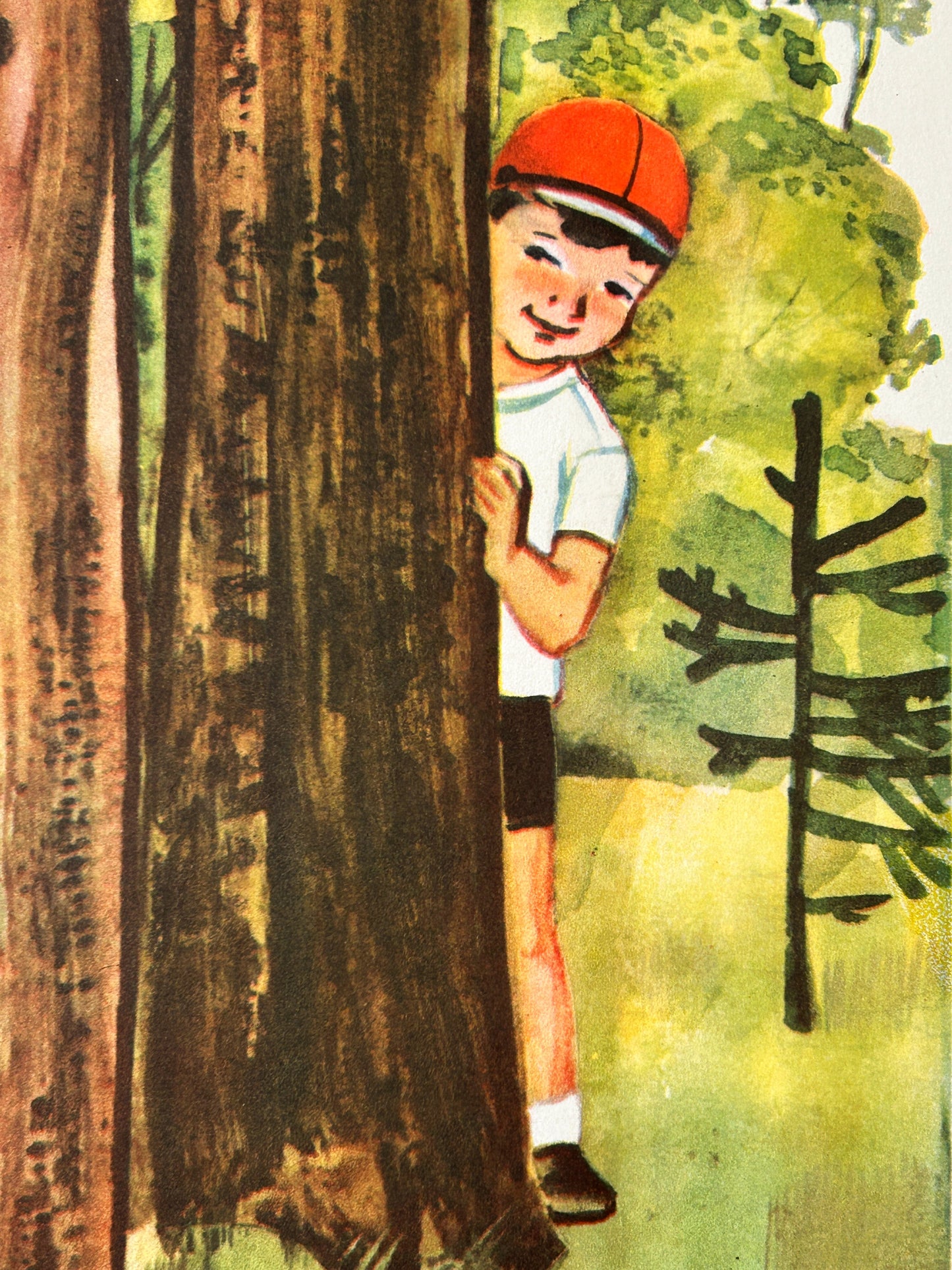 Close-up of a USSR vintage nursery poster - a  watercolor illustration of a young boy peeking from behind a large tree trunk in a green outdoor setting, wearing a red cap, white shirt, and dark shorts.