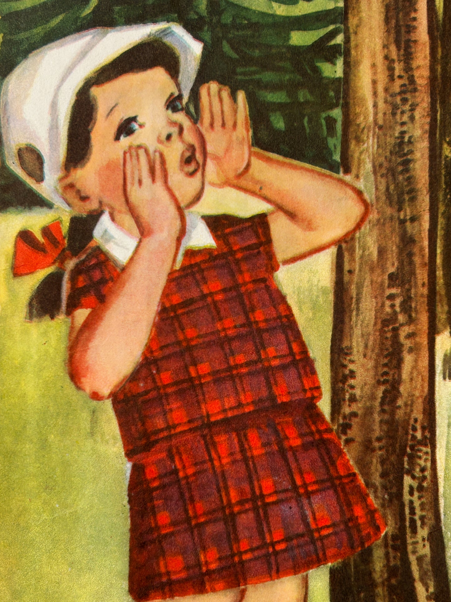 USSR vintage poster detail - an illustration of a young girl in a red plaid dress and white bonnet peeking from behind a tree trunk in the forest and calling someone, with a green outdoor background.