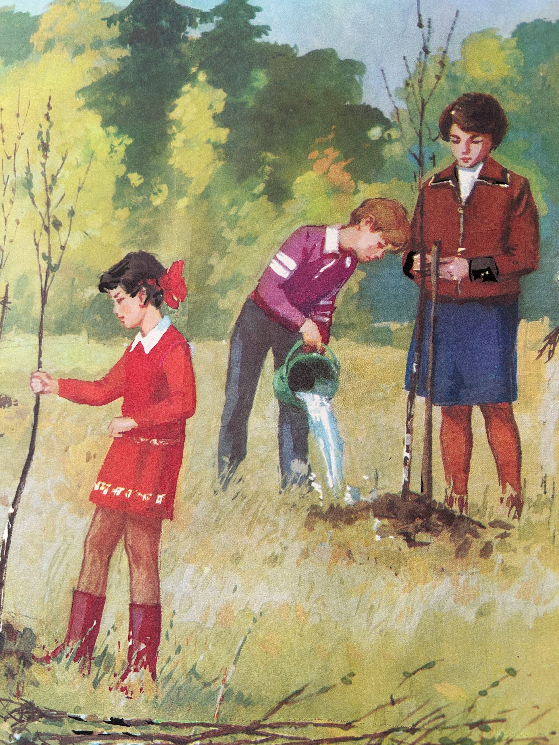 Detail of a Soviet vintage educational school poster on the importance of looking after the woodland, depicting a group of children planting trees in a forest clearing with a teacher looking on.