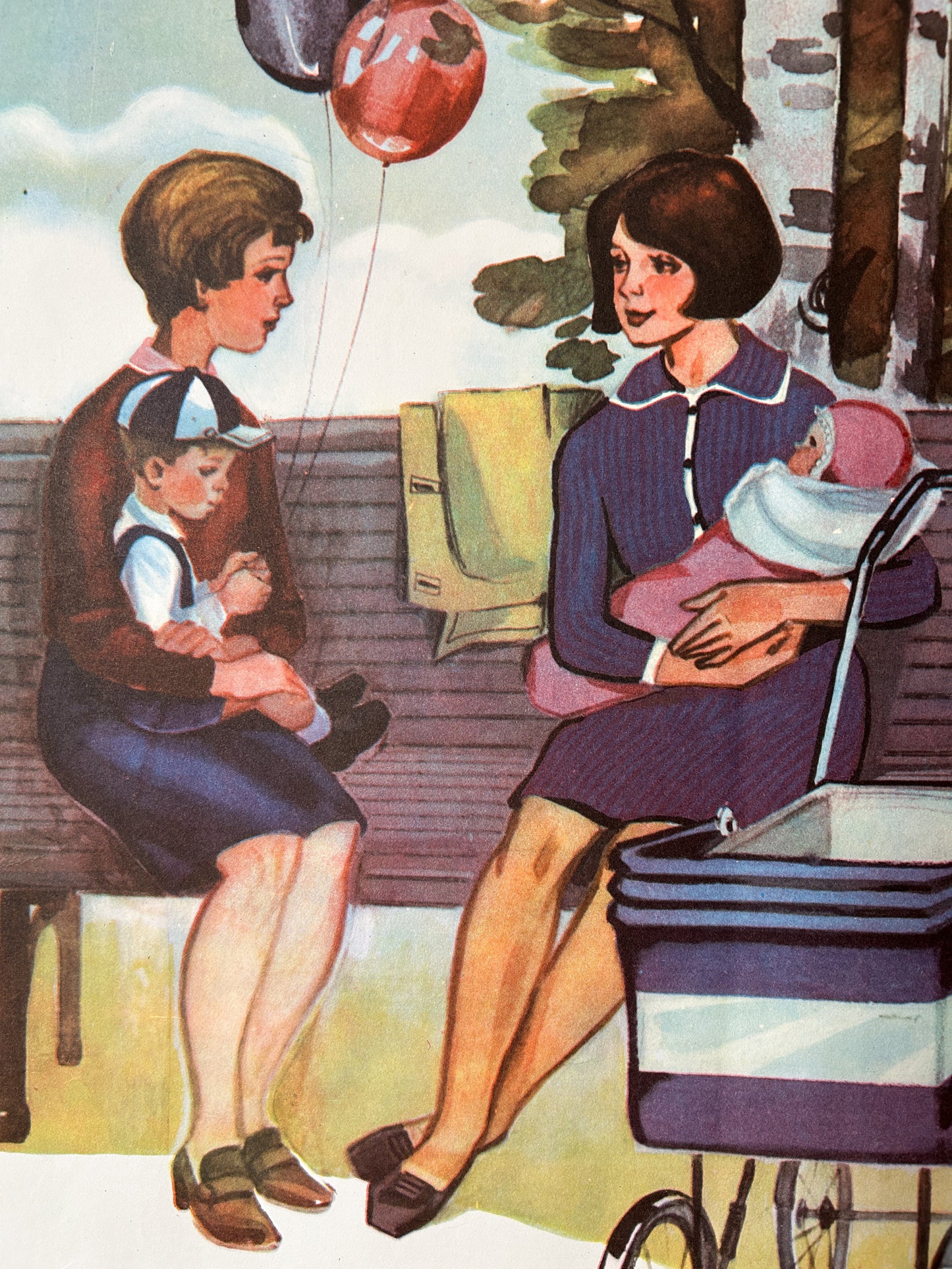 USSR vintage illustration of mothers with their babies on a park bench - detail from a 1978 phonetic Russian alphabet nursery poster for the letter Ы.