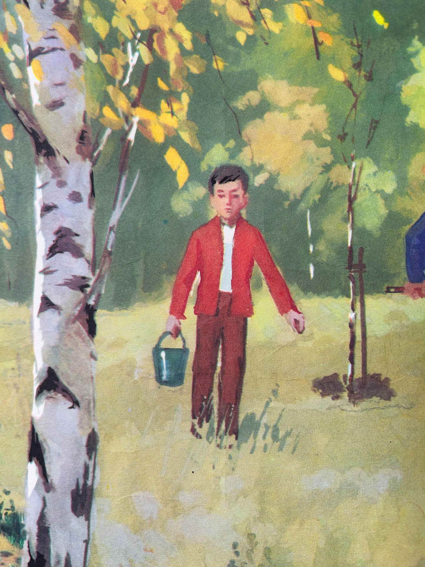 Detail of a Soviet vintage educational school poster on the importance of looking after the woodland, depicting a boy carrying water in a bucket to water freshly planted trees in the forest.