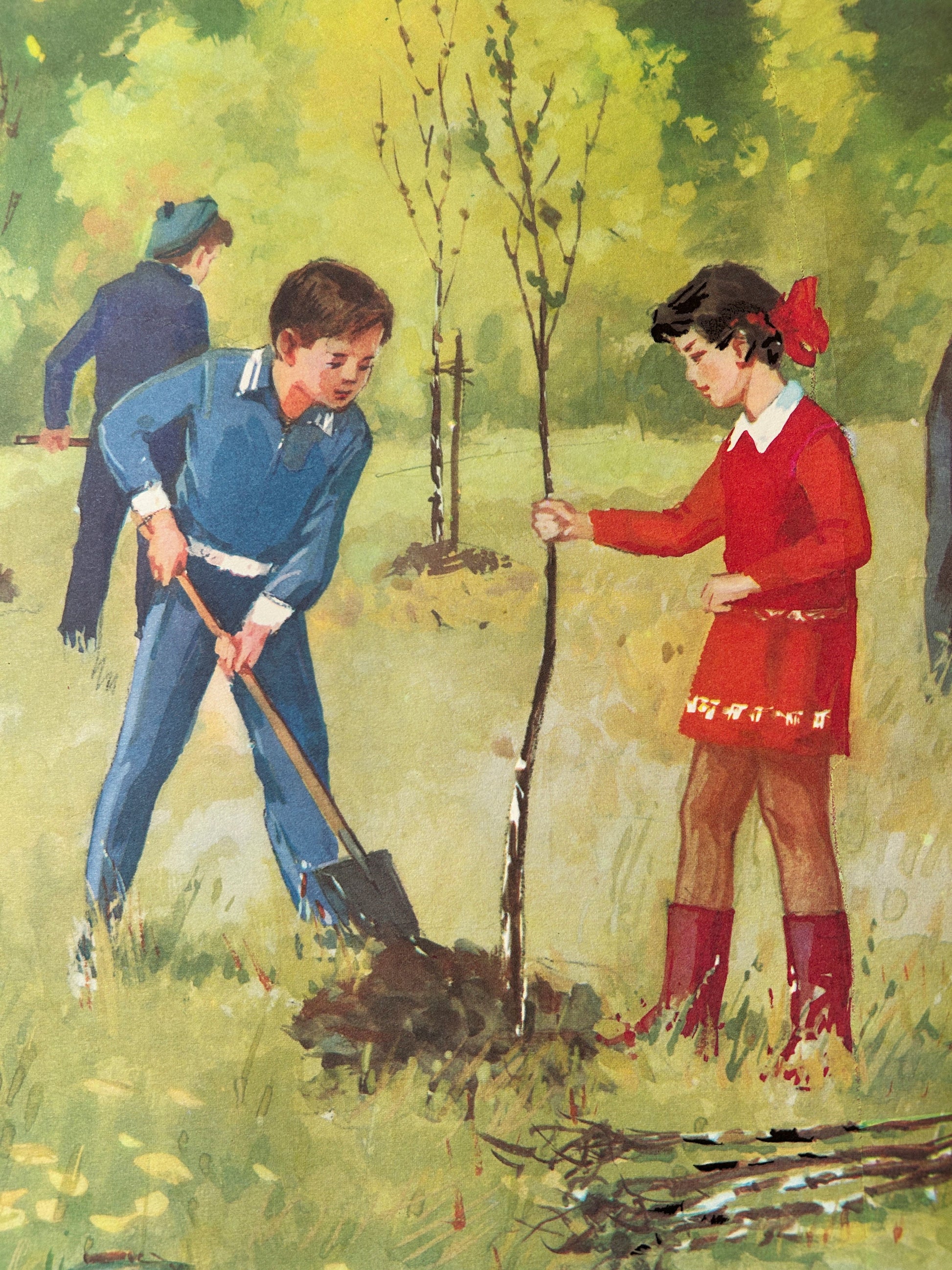Detail of a Soviet vintage educational school poster on the importance of looking after the woodland, depicting a children planting trees in a forest.