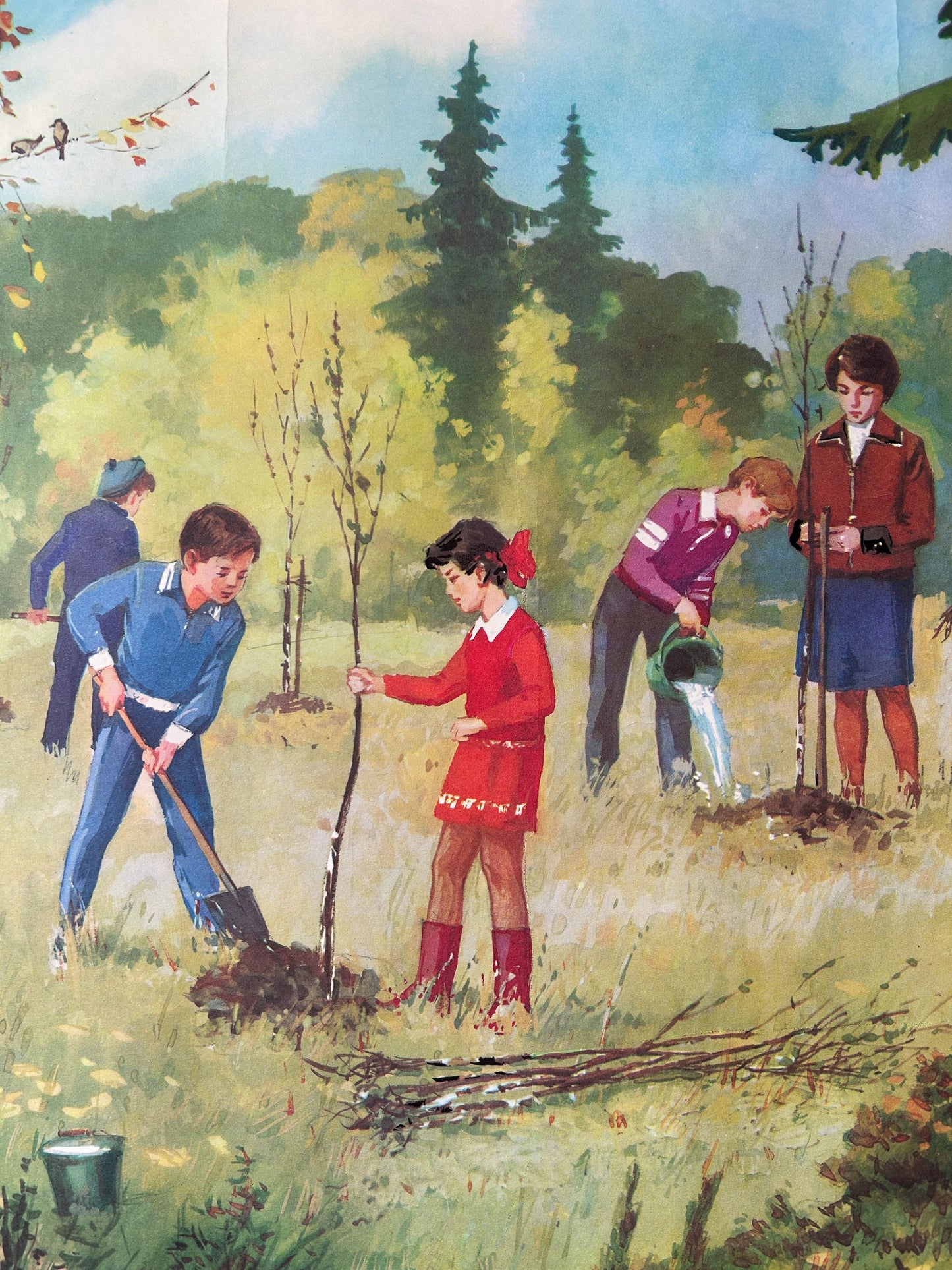 Detail of a Soviet vintage educational school poster on the importance of looking after the woodland, depicting a group of children and a teacher planting trees in a forest clearing.