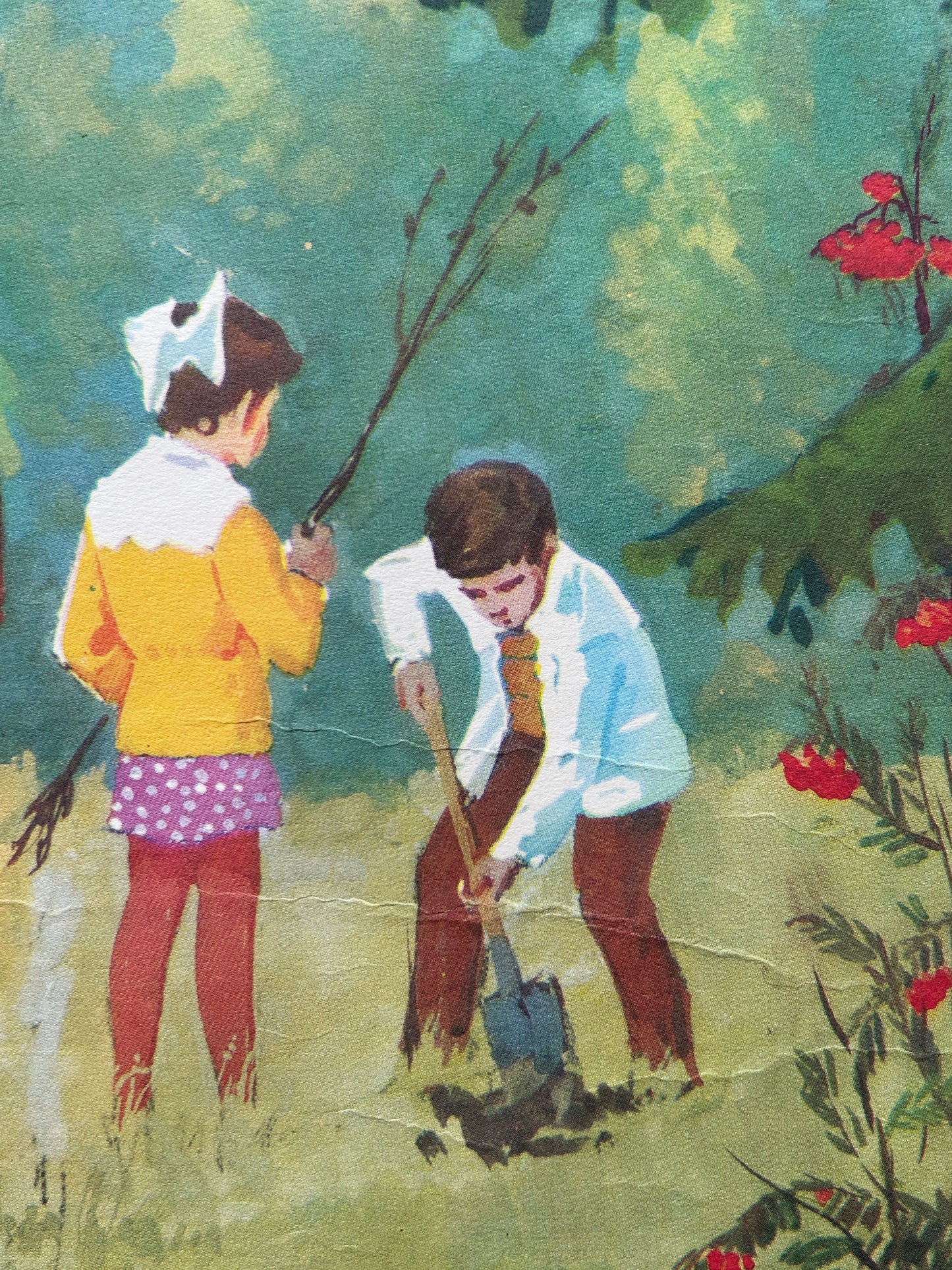 Detail of a Soviet vintage educational school poster on the importance of looking after the woodland, depicting two children planting trees in a forest.