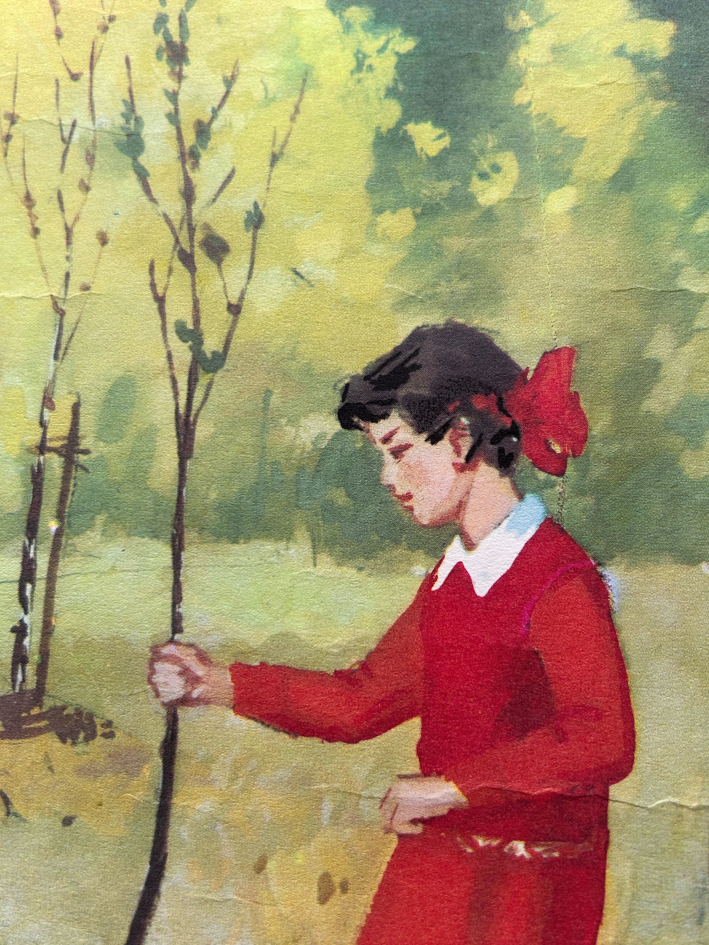 Detail of a Soviet vintage educational school poster on the importance of looking after the woodland, depicting a a girl planting a tree in a forest.