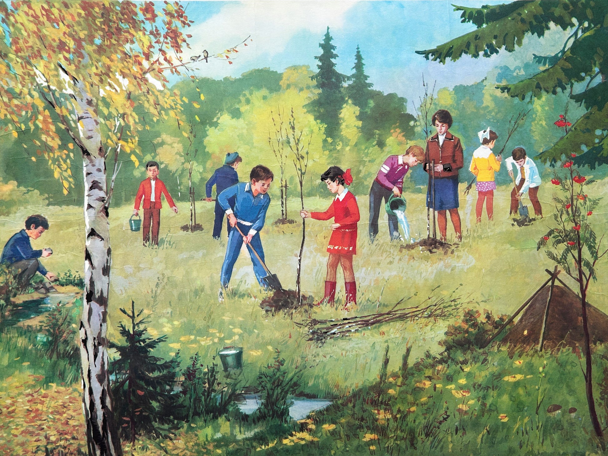 Soviet vintage educational school poster on the importance of looking after the woodland, depicting a group of children planting trees in a forest clearing.
