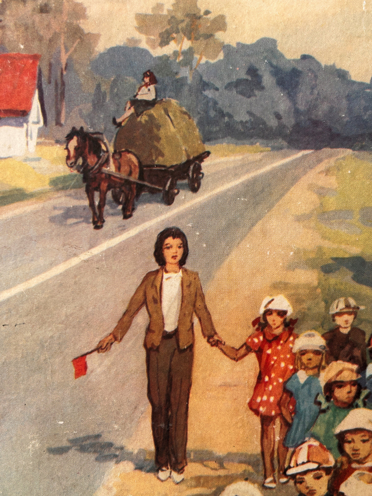 Detail of a vintage USSR illustrated road safety poster: a countryside scene showing a group of children and a teacher walking along a country road, with a horse-drawn carriage in the distance.