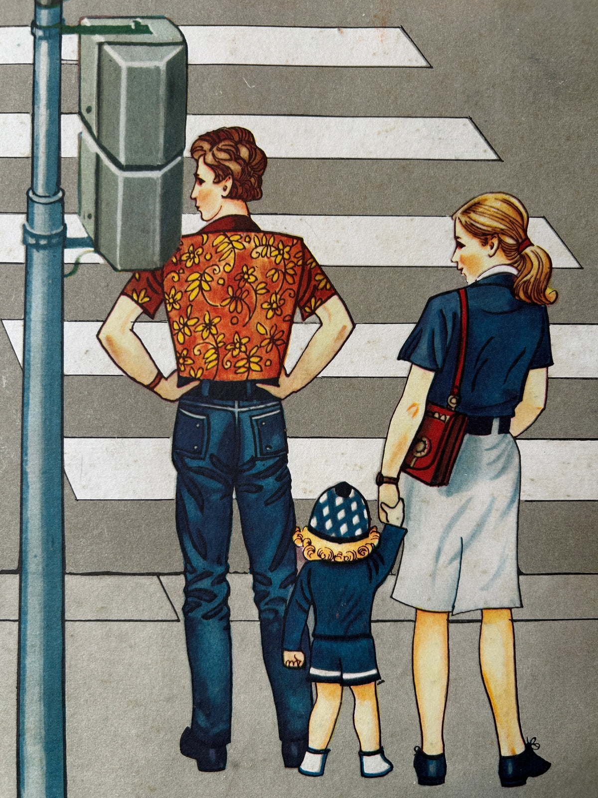 Detail of a Soviet vintage road safety poster: a street scene illustration showing a family of pedestrians: mother, father and a toddler at a zebra crossing by the traffic light waiting to cross the road.