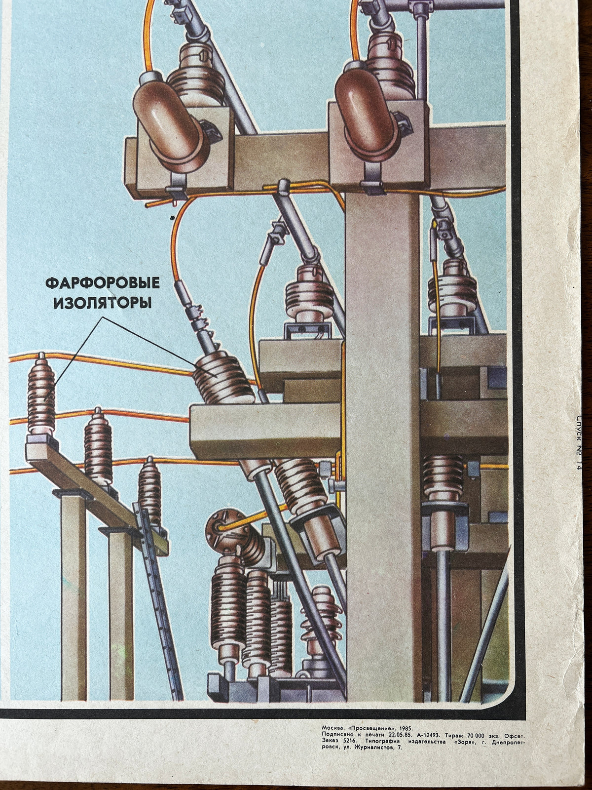 A detail of a Soviet vintage poster  showing electrical insulators and transmission components with Russian text labels, printed on a page with a light border.