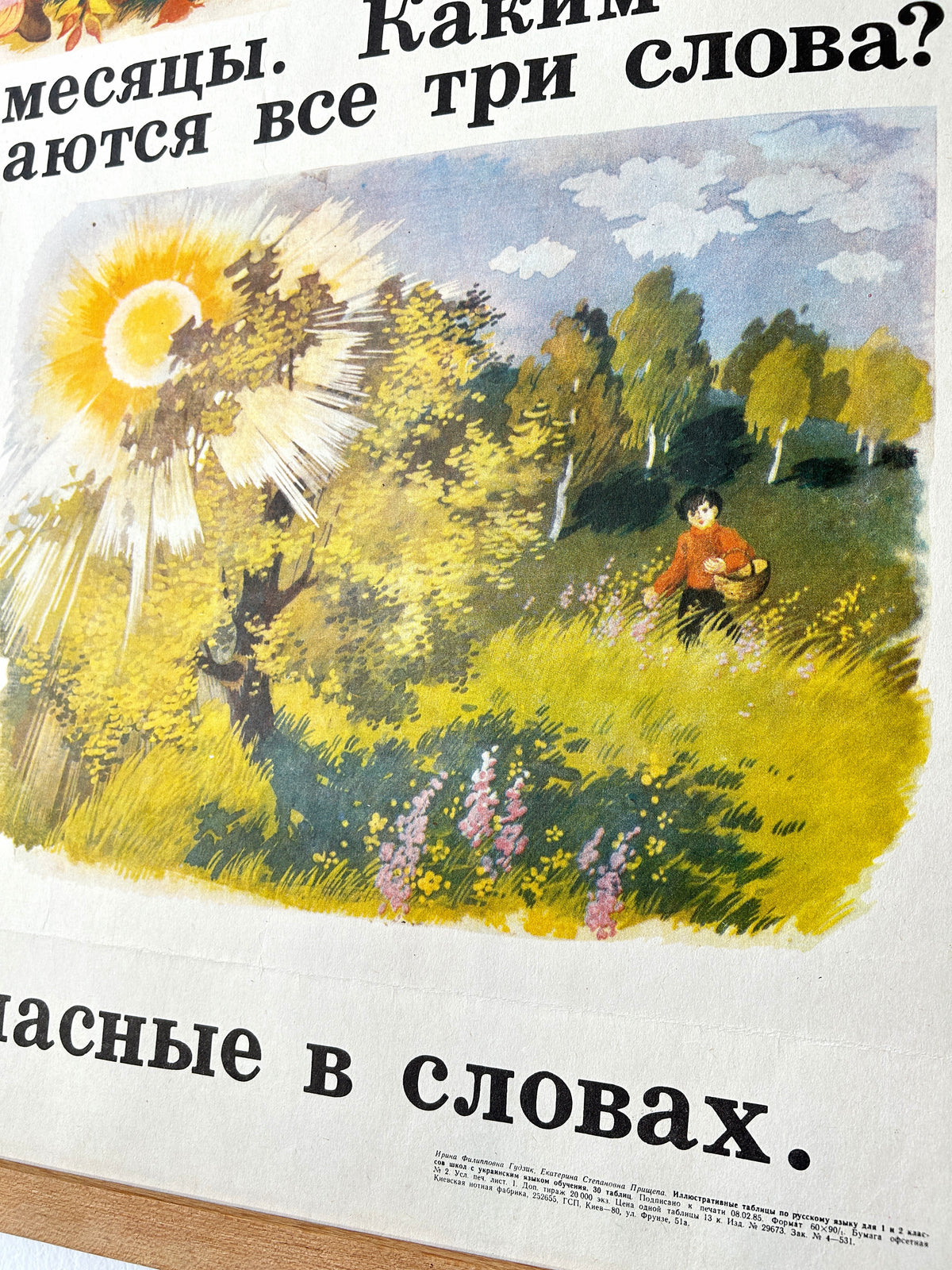 Detail of a USSR vintage poster showing an illustration of a summer day with a boy walking through a beautiful natural landscape while holding a basket.