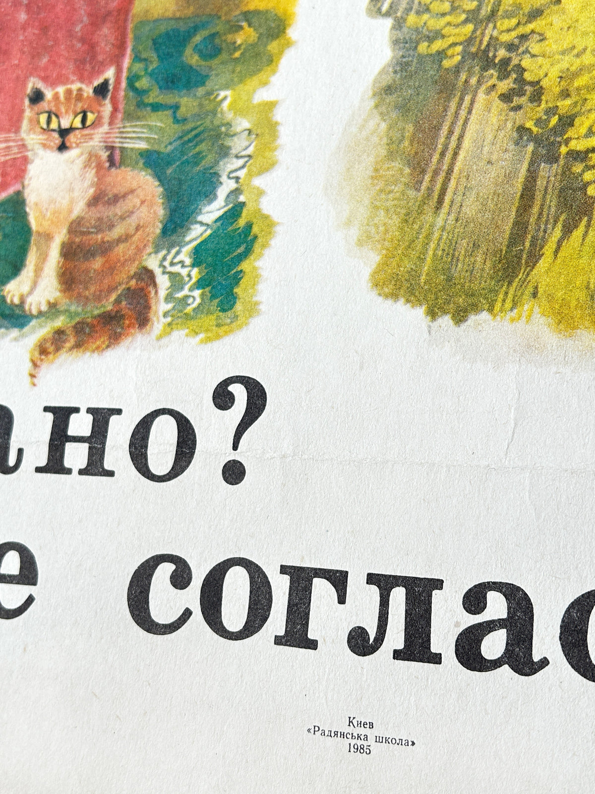 A close-up of a vintage USSR poster showing part of a cat on the left, a forest scene on the right, and large black lettering Saying Kyiv 1985.