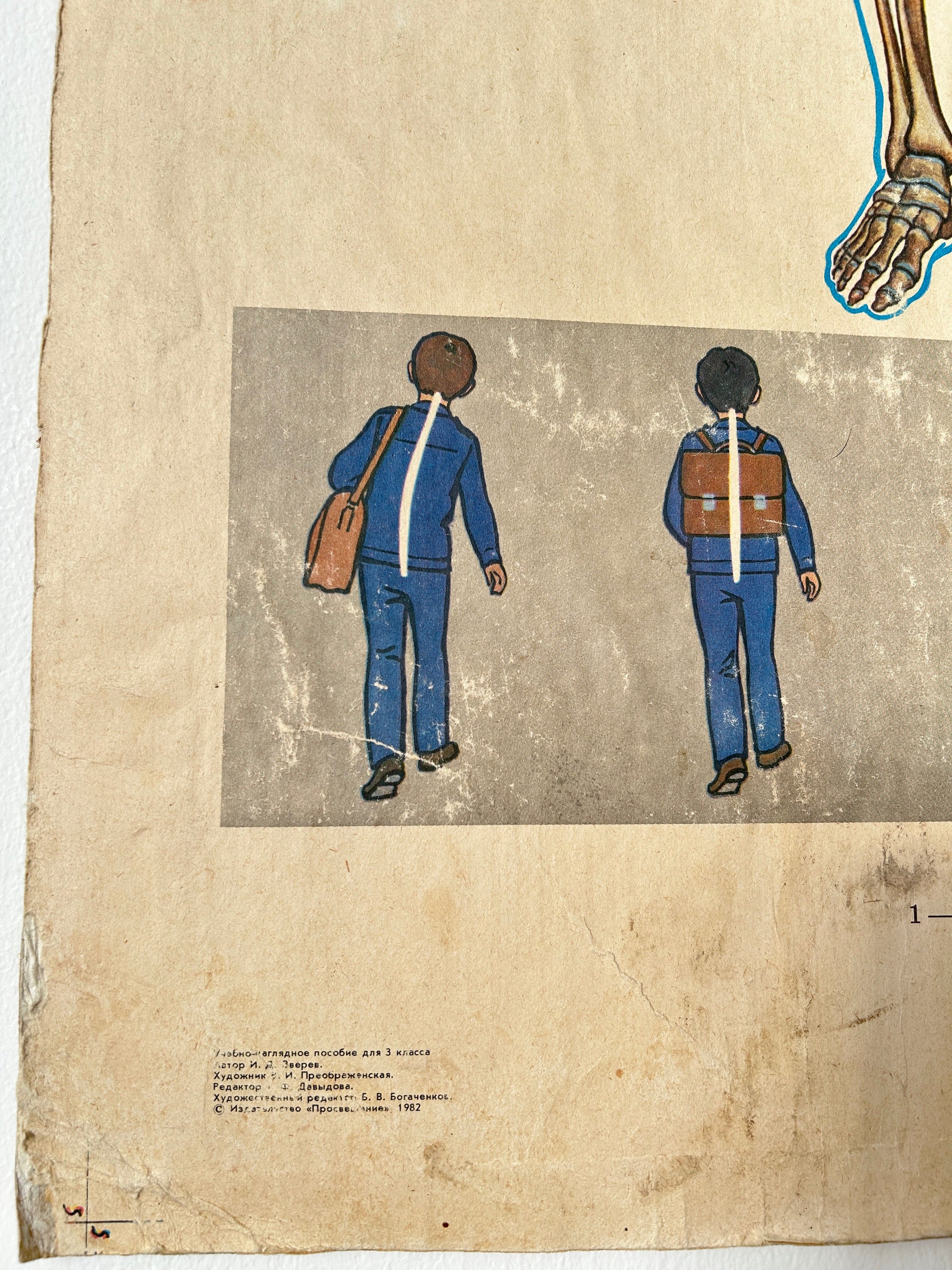 Corner detail of a soviet vintage poster showing two boys carrying their school bags in a healthy and unhealthy way 