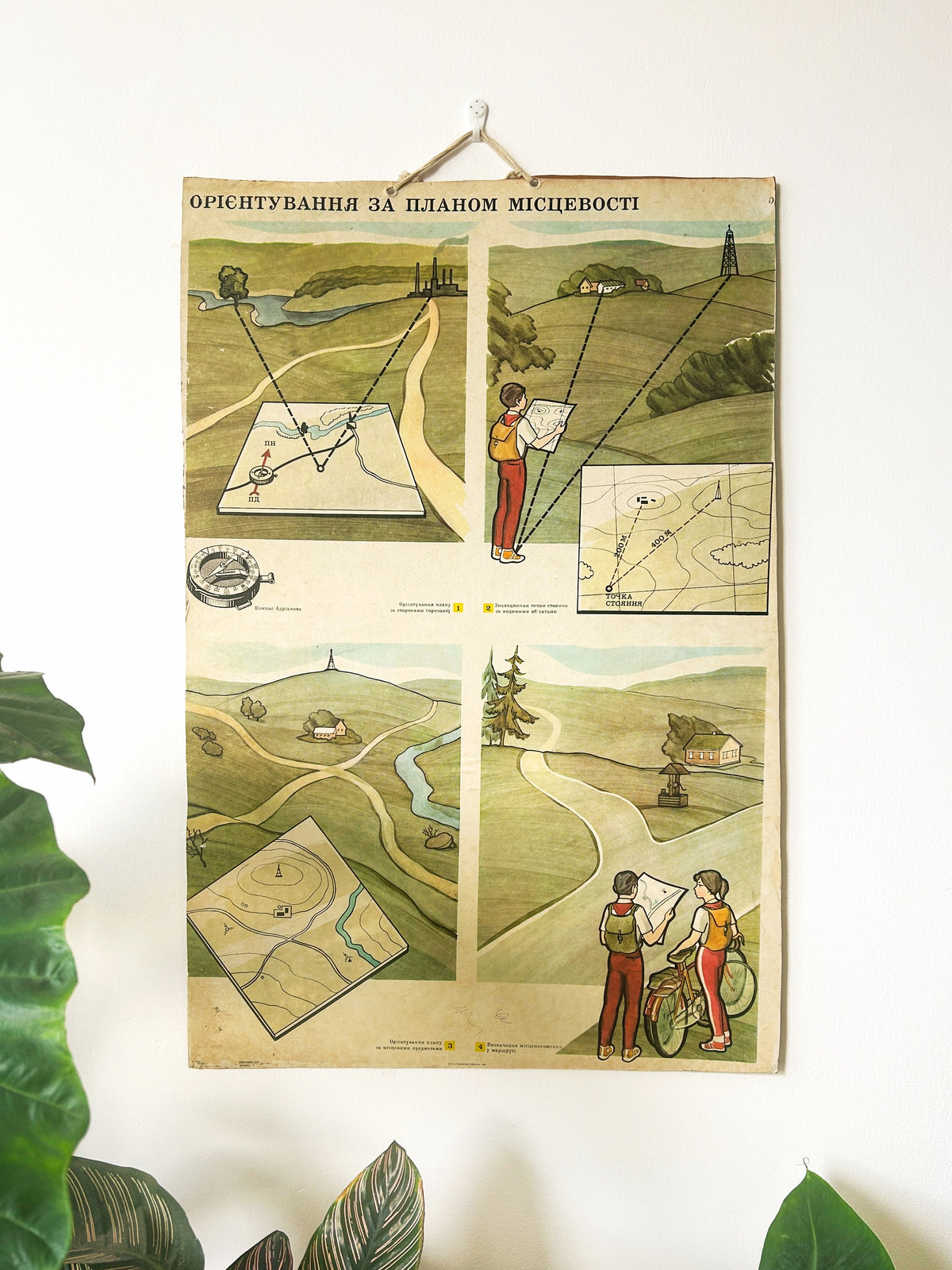 Original 1987 Soviet school chart showing map reading, terrain orienteering and students in rural landscapes used in geography classrooms in Ukraine. 