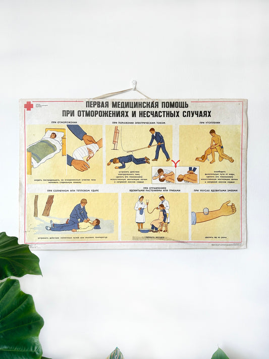 Original Soviet First Aid & Radiation Safety Double-Sided Poster – 1980s Vintage USSR Civil Defence School Chart